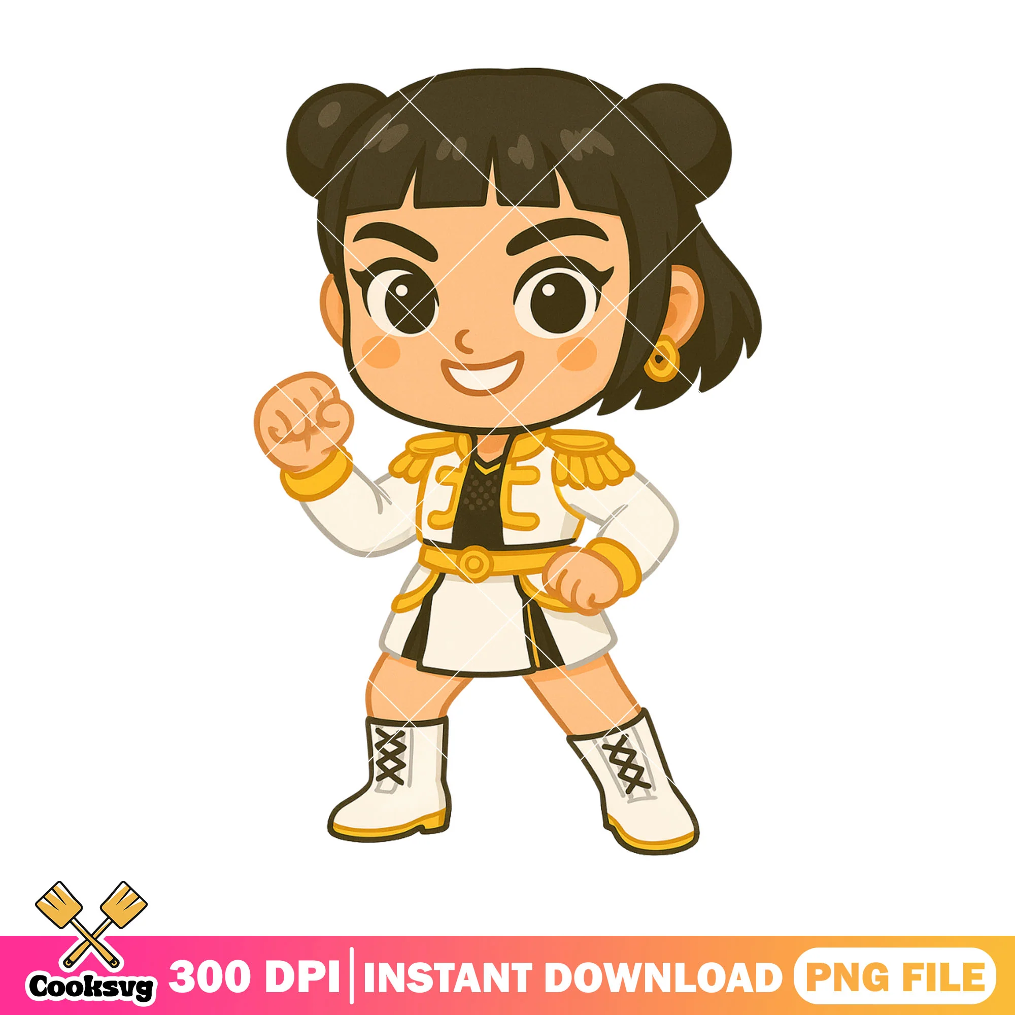 Chibi zoey golden fit cheer up png, rumi kpop png, huntrix band png