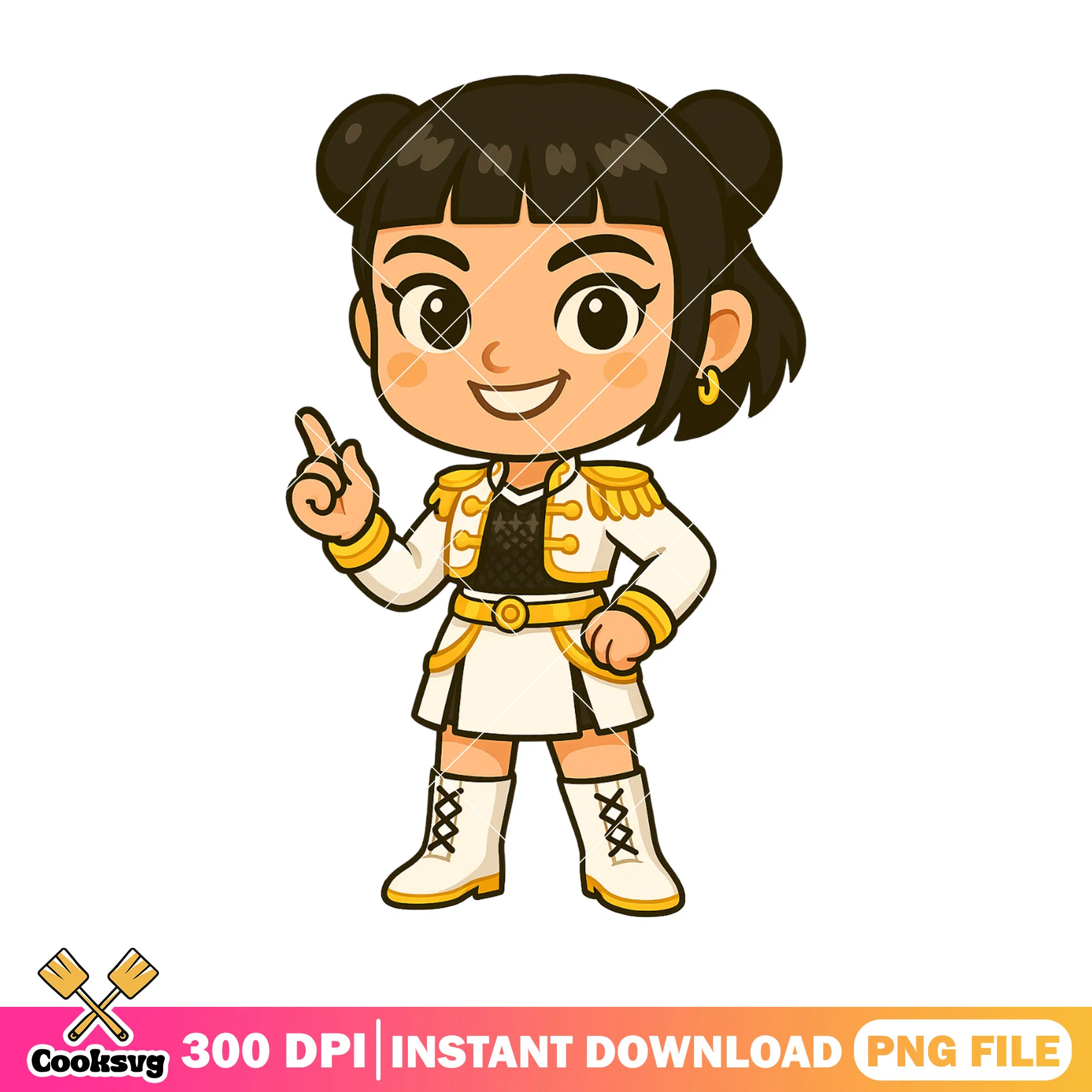 Chibi zoey golden fit hi pose png, rumi kpop png, huntrix band png