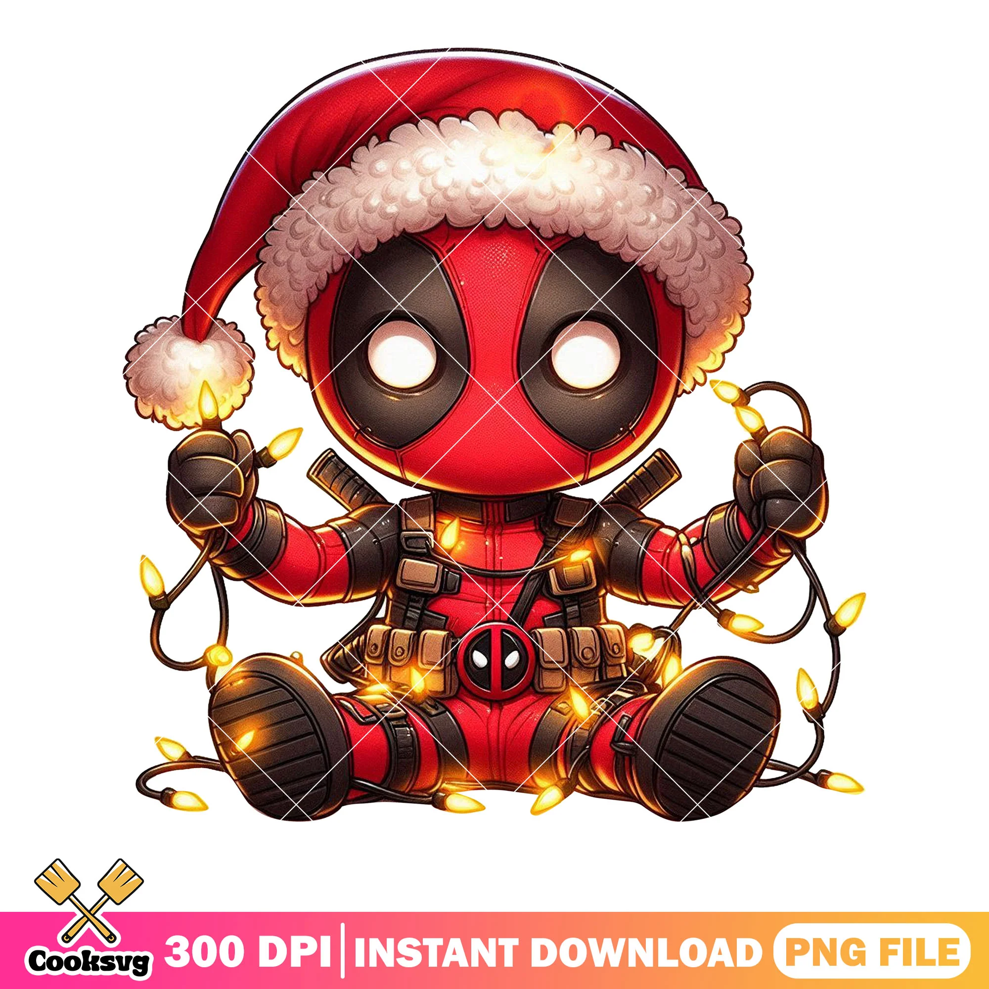Christmas deadpool chibi png, chibi decoration light png, xmas png