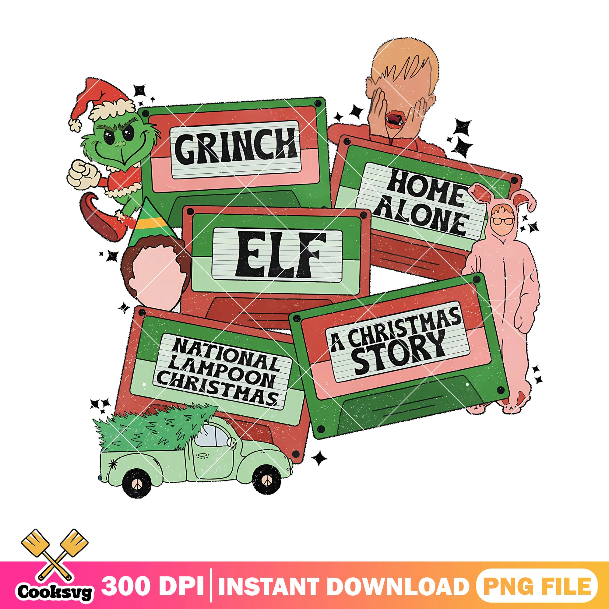 Christmas movie cassettes png, christmas story png, elf truck png