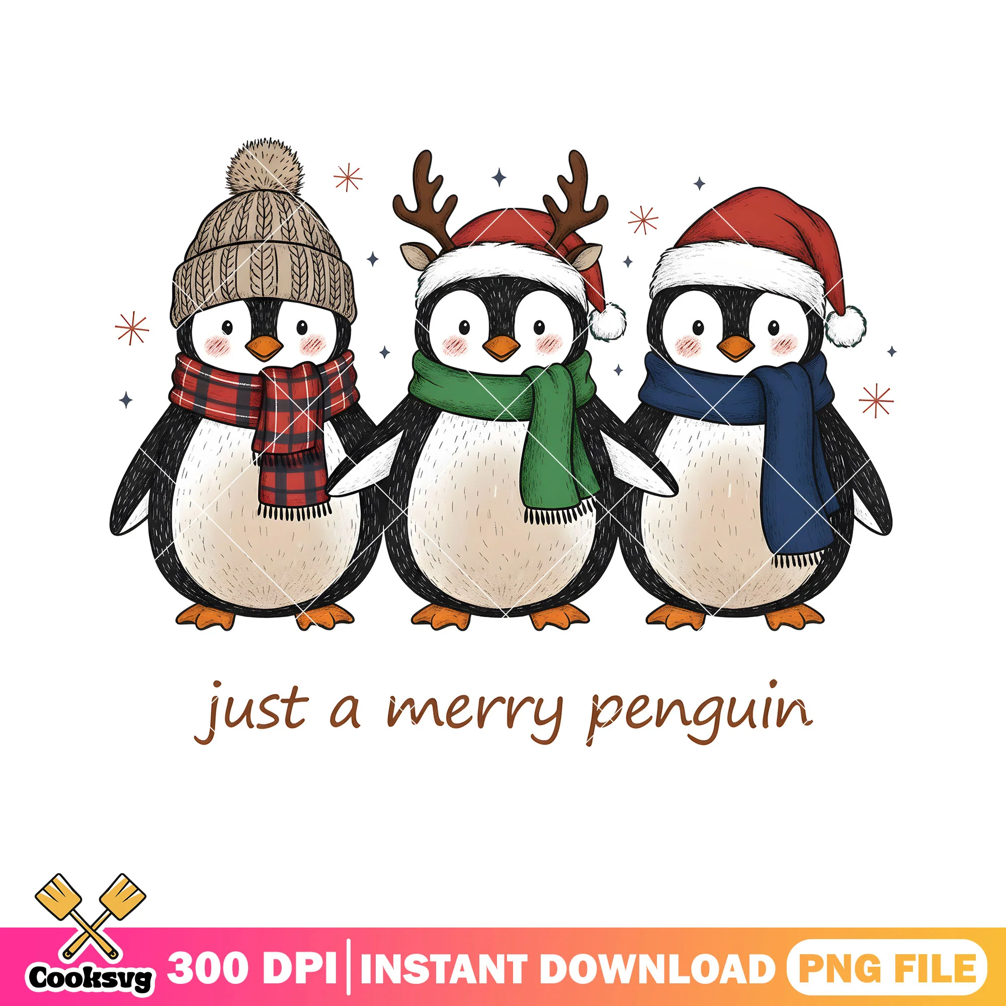 Christmas penguin adorable png, snowflake png, reindeer horn png