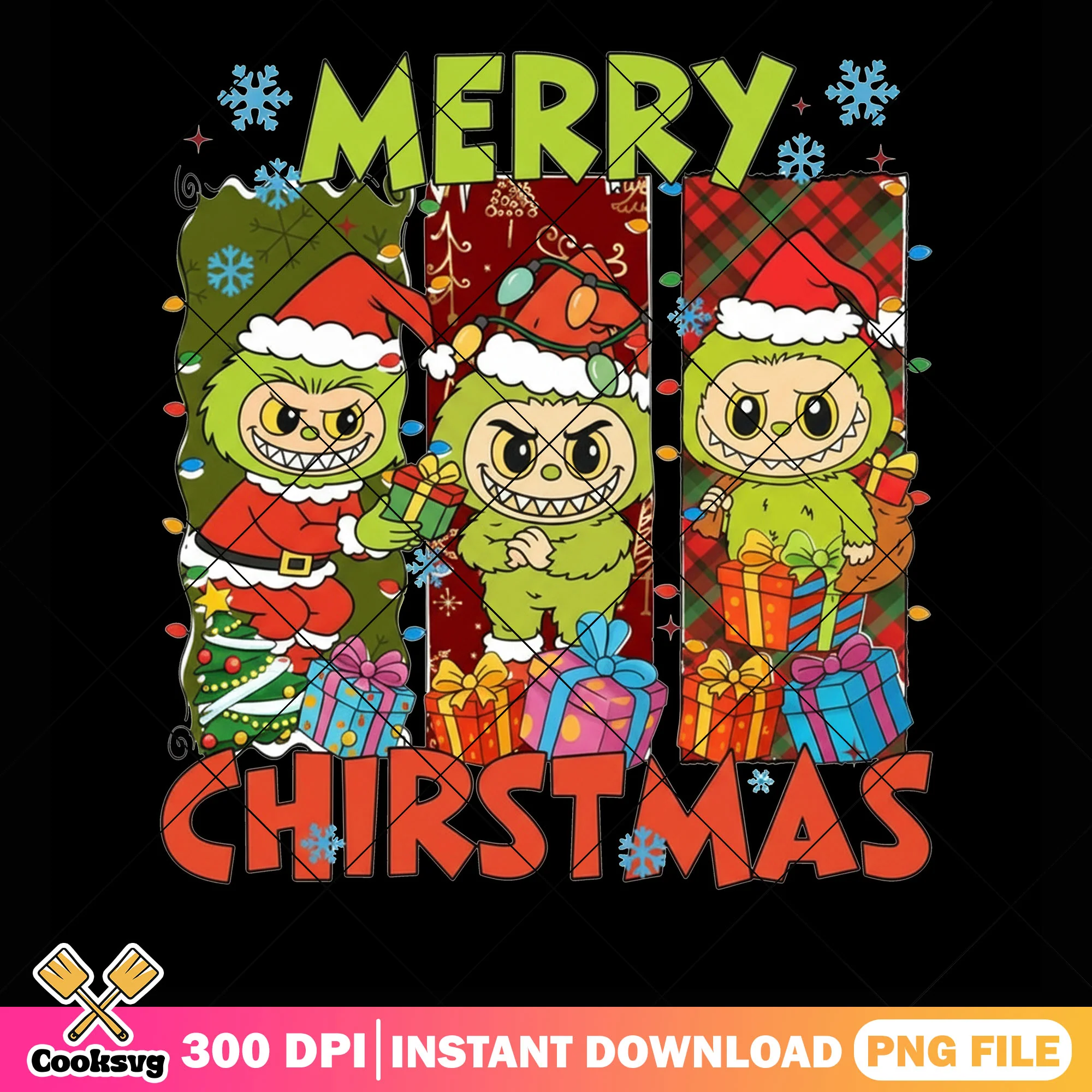 Christmas present snowflake png, labubu png, the grinch png
