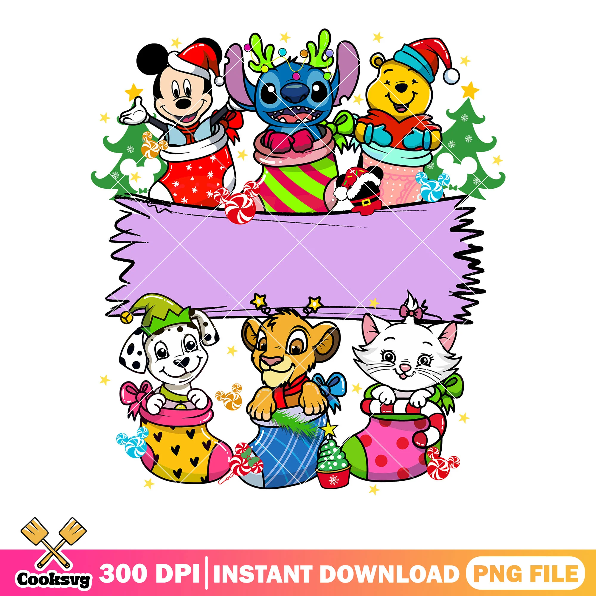 Christmas sock disney poster png, stitch png, winnie the pooh png