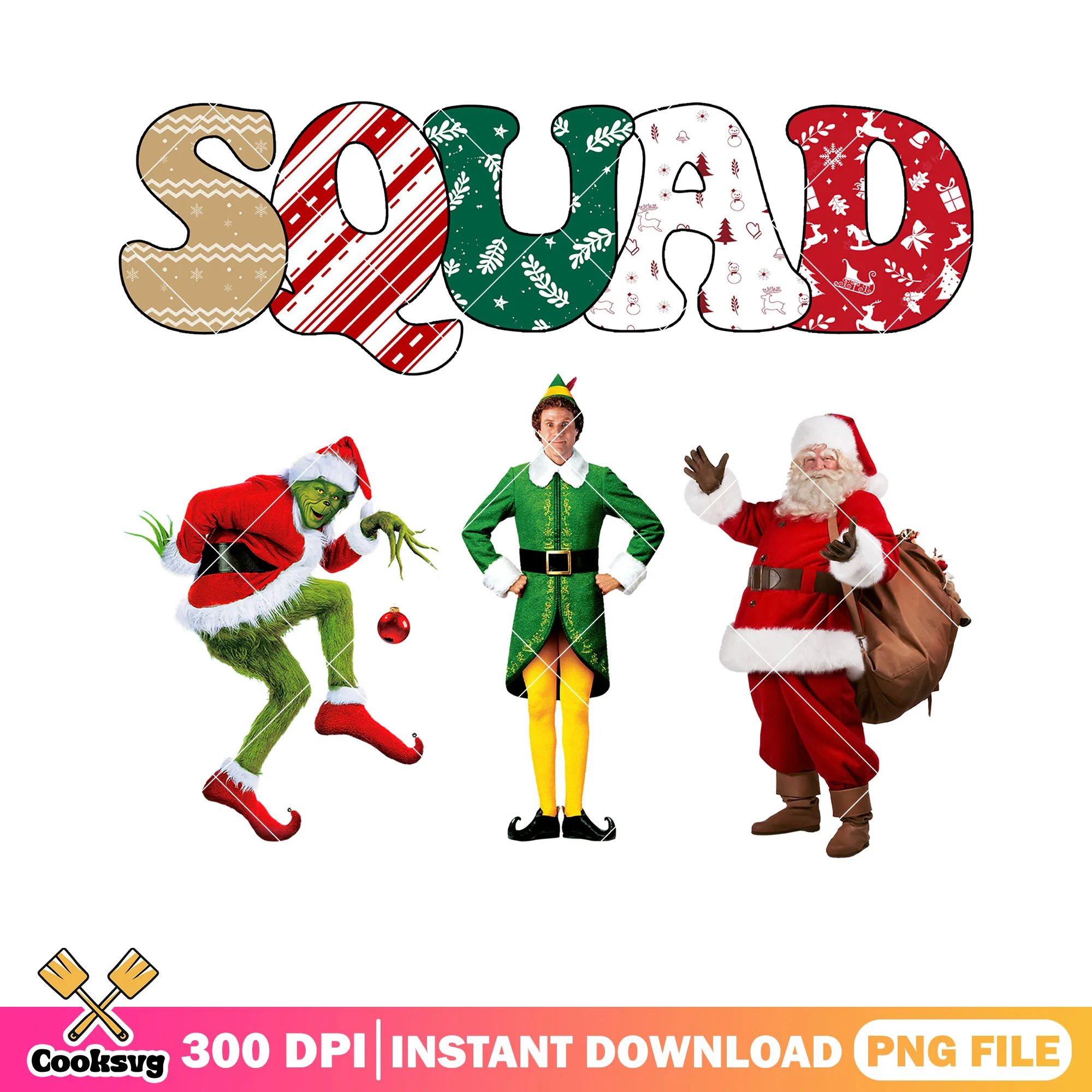 Christmas squad grinch png, elf santa design png, buddy png
