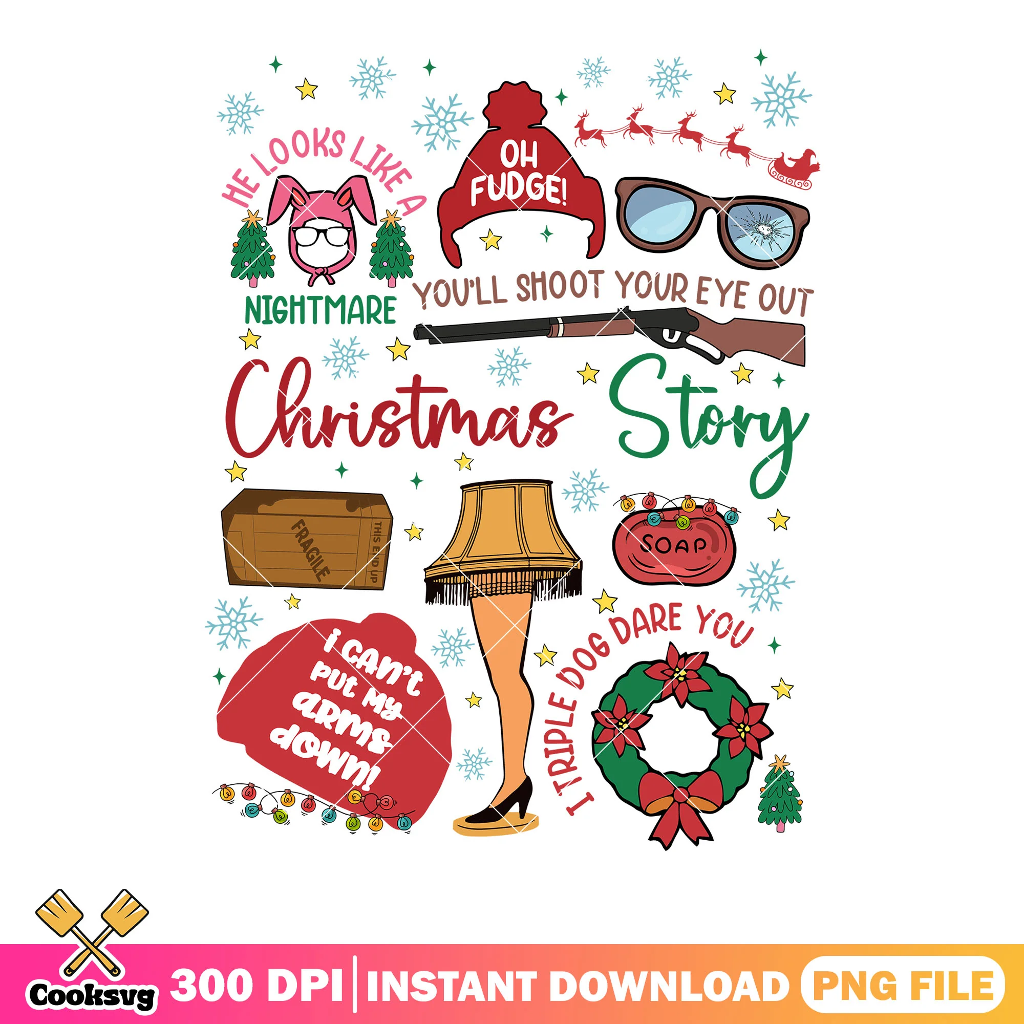 Christmas story decoration png, reindeer christmas png, snowflake png