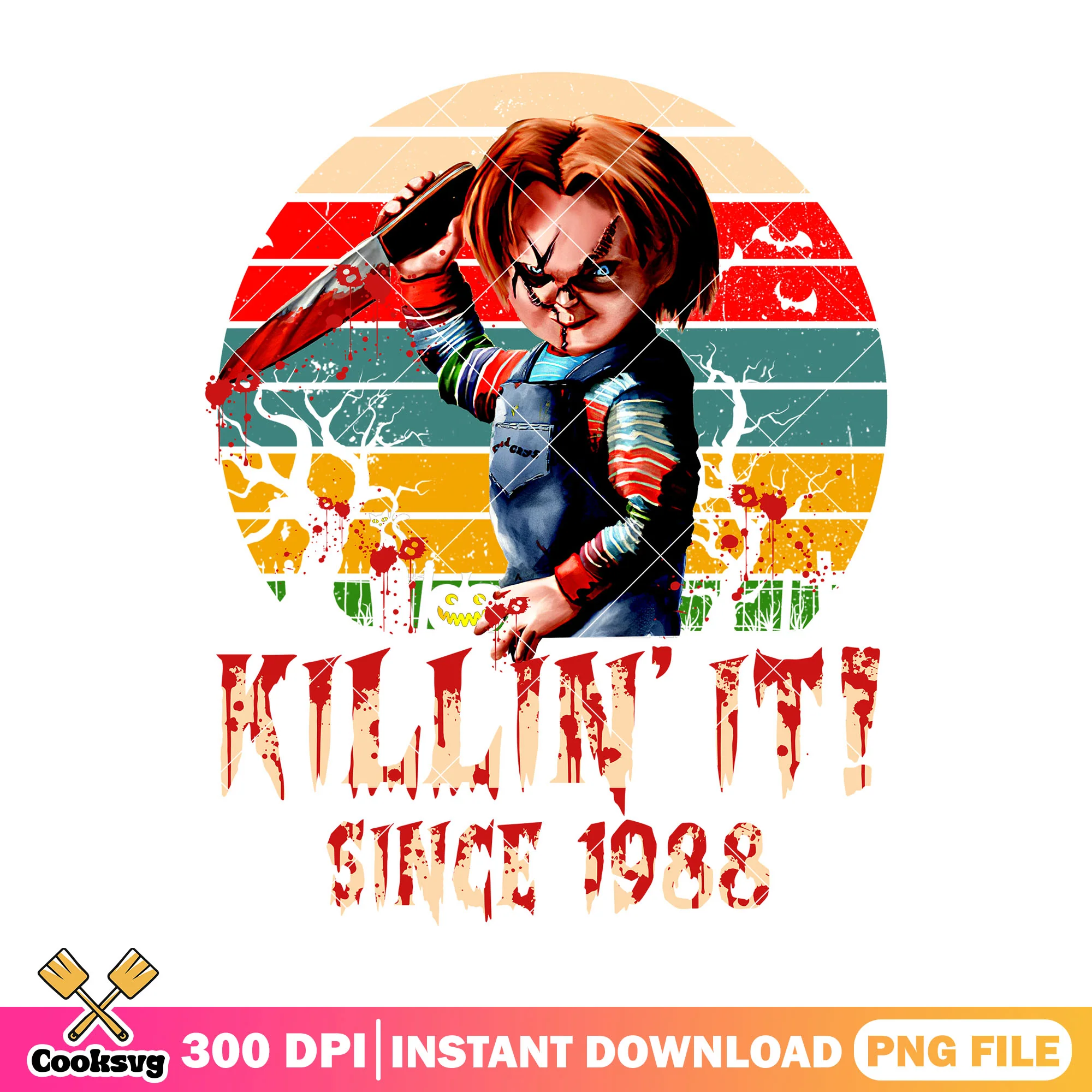 Chucky killin it since 1988 png, halloween movie png, horror png