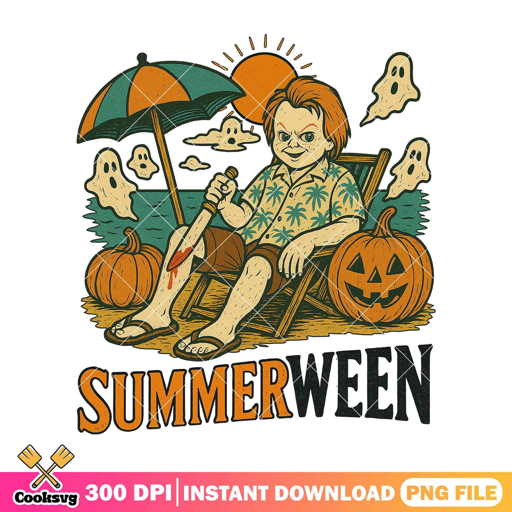 Chucky with summerween png, horror chucky png, halloween horror png