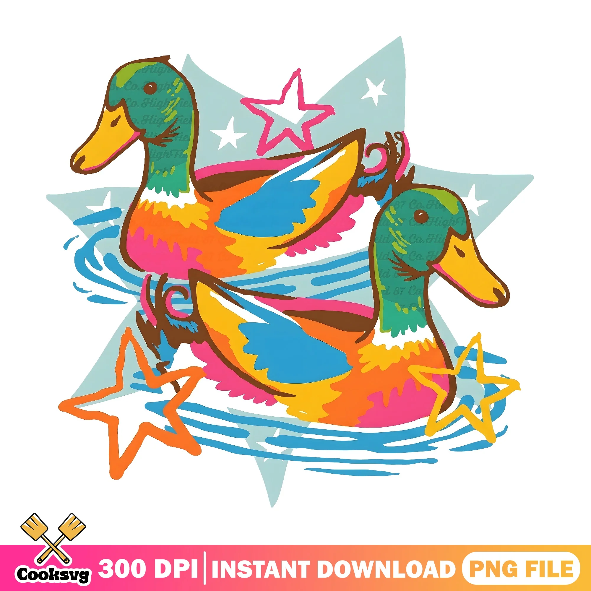 Colorful Mallard Duck Pair With Stars PNG, Duck PNG, Cute Duck Clipart PNG