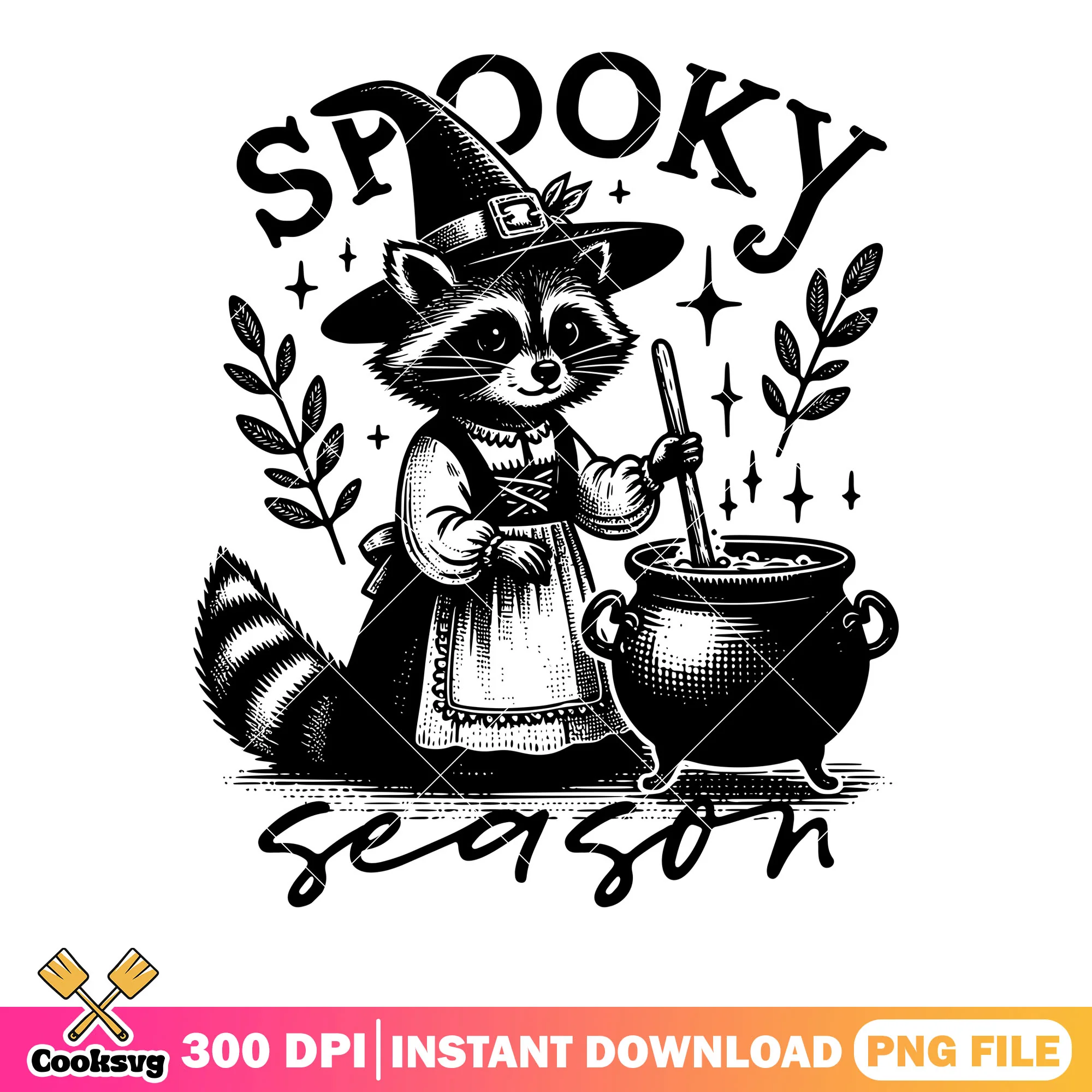 Cooking soup with racoom png, witches costume png, scary halloween png