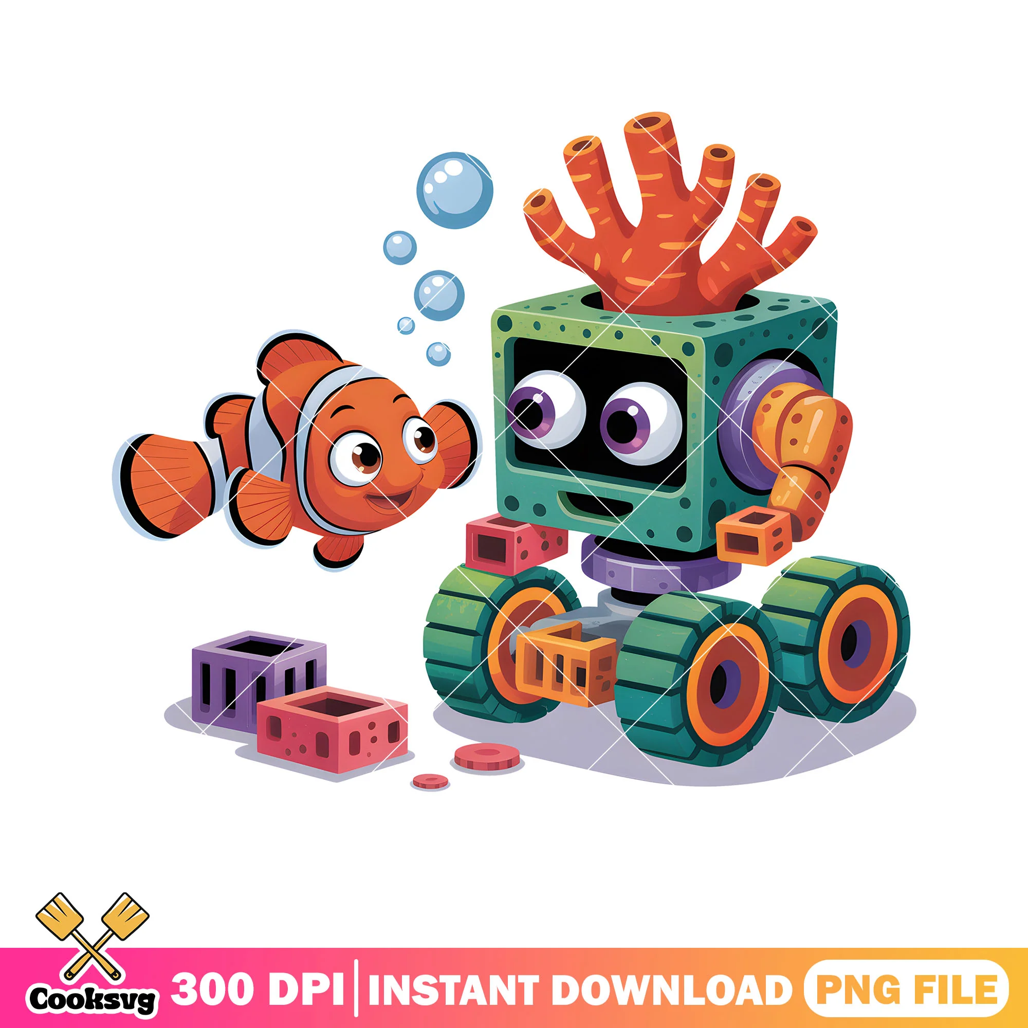 Coral robot with baby nemo png, clownfish nemo png, poster nemo png