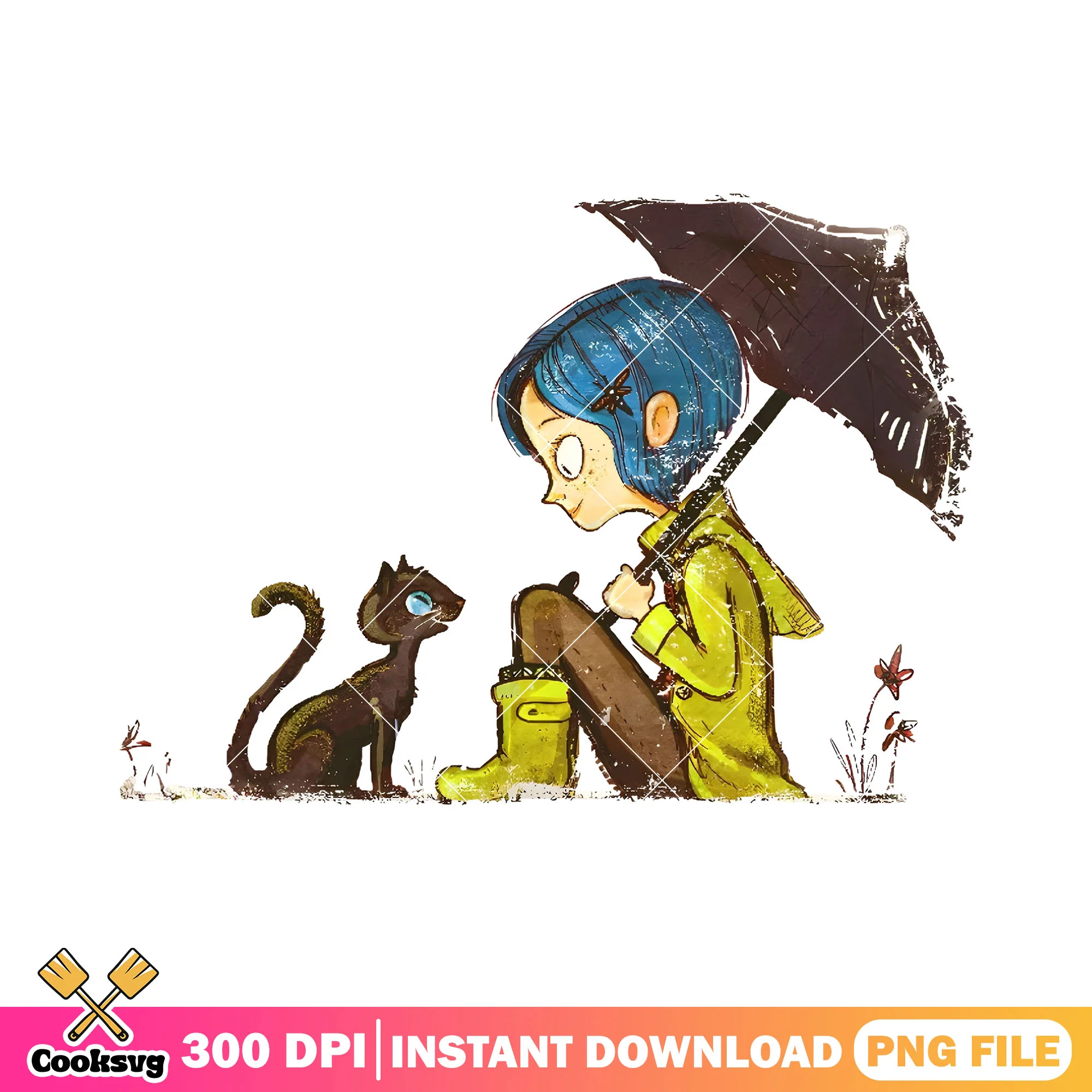 Coraline and cat png, coraline doll png, coraline cat png