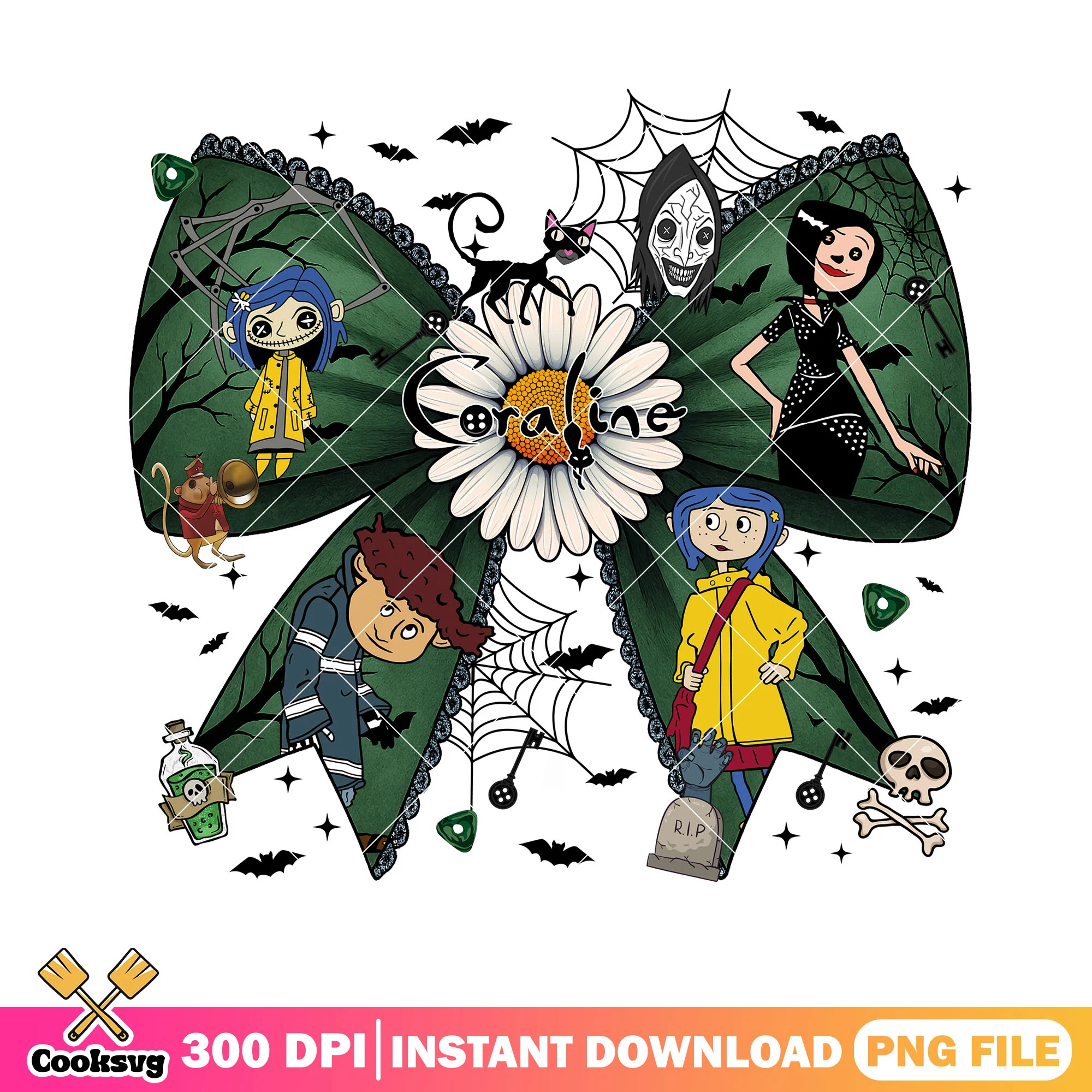 Coraline bow design png, coraline doll png, halloween spirit png
