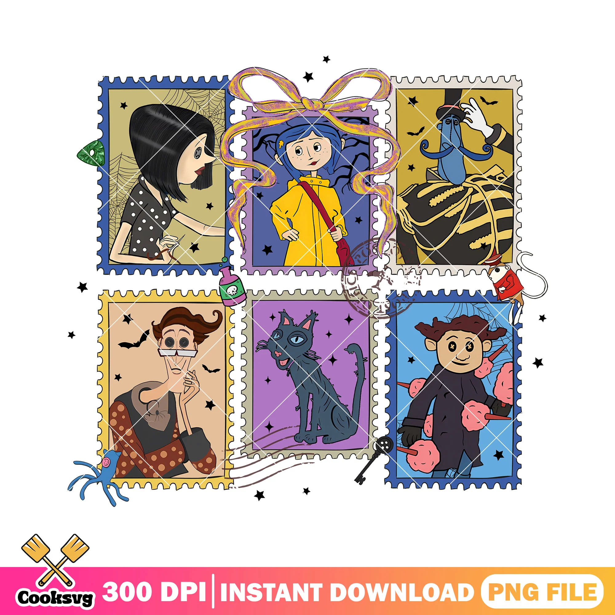 Coraline horror stamps png, halloween stamps png, coraline cartoon png