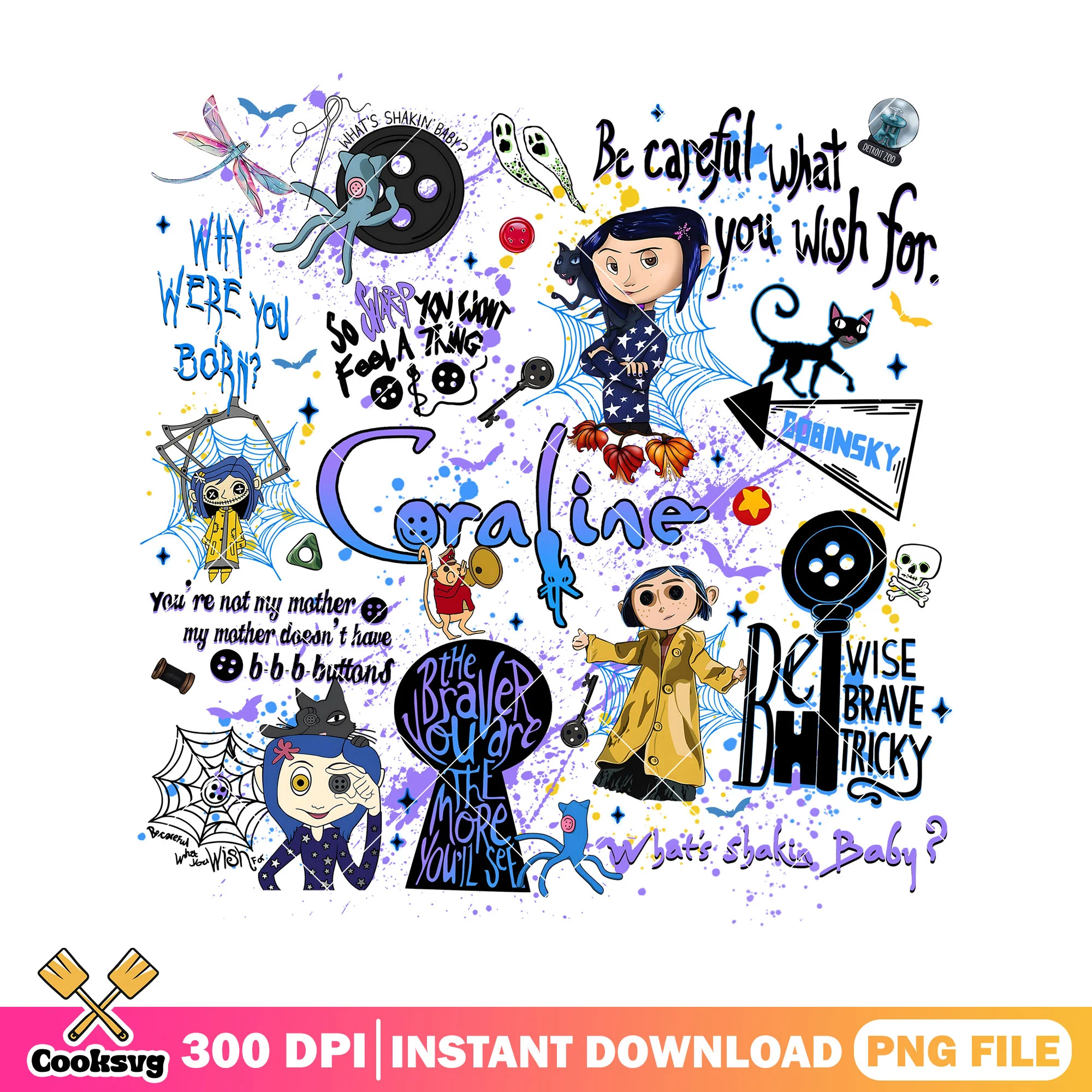 Coraline quote design png, coraline doll png, happy halloween png