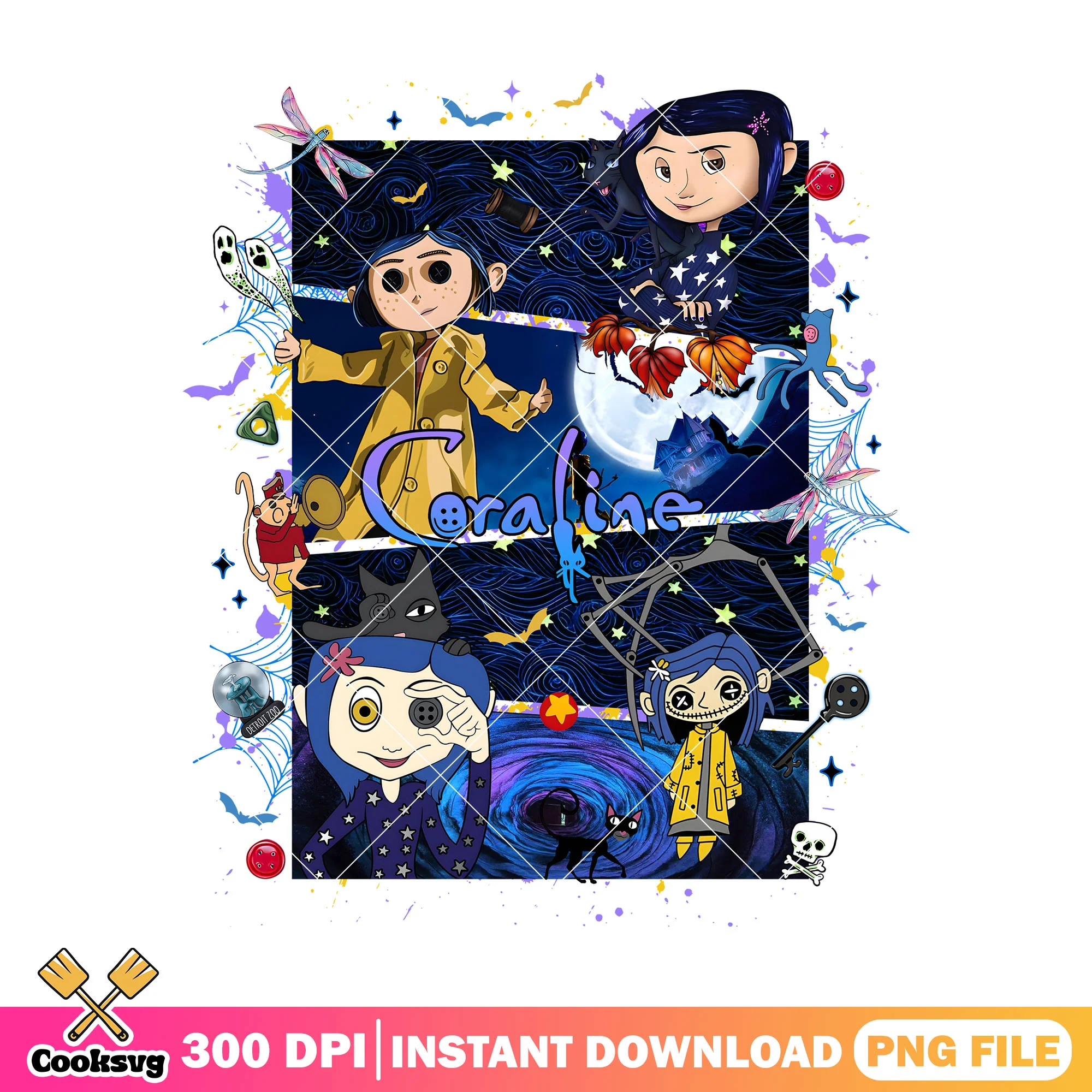 Coraline rectangle design png, coraline doll png, halloween movie png