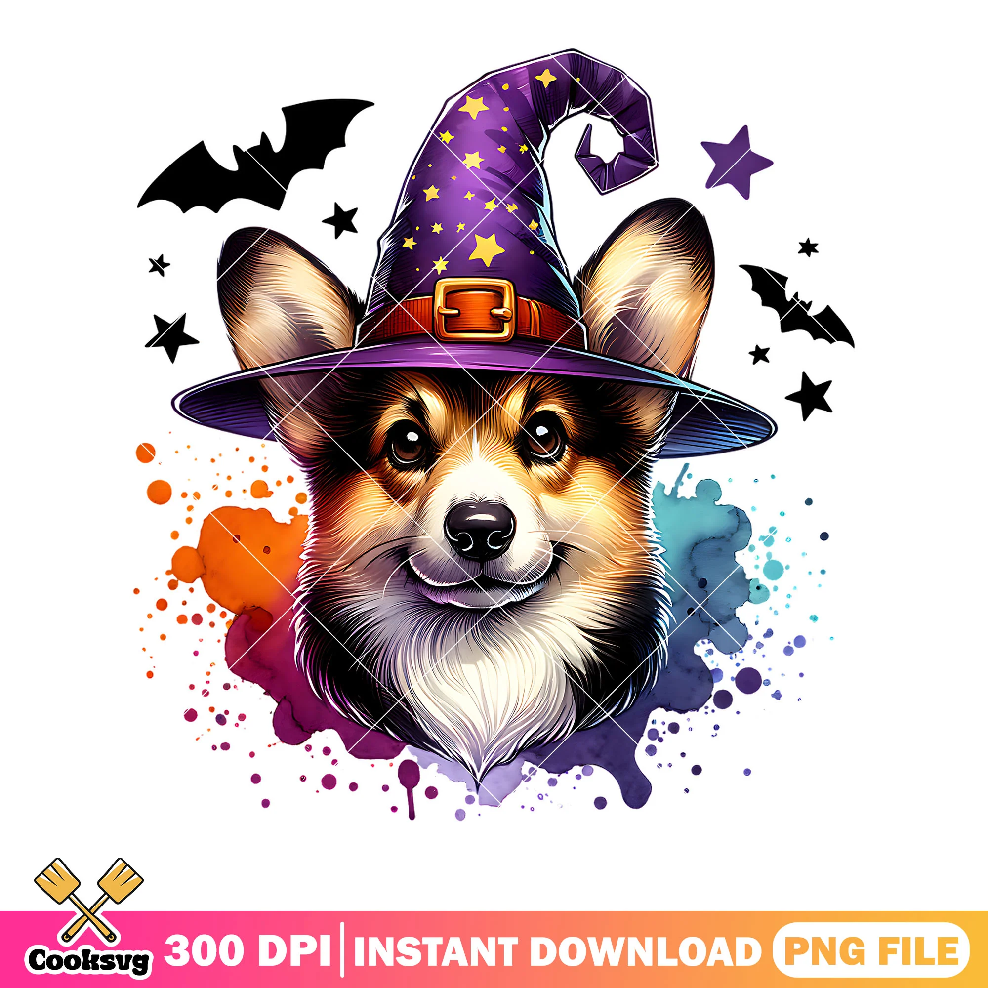 Corgi cute with bats png, witch hat png, halloween scary png