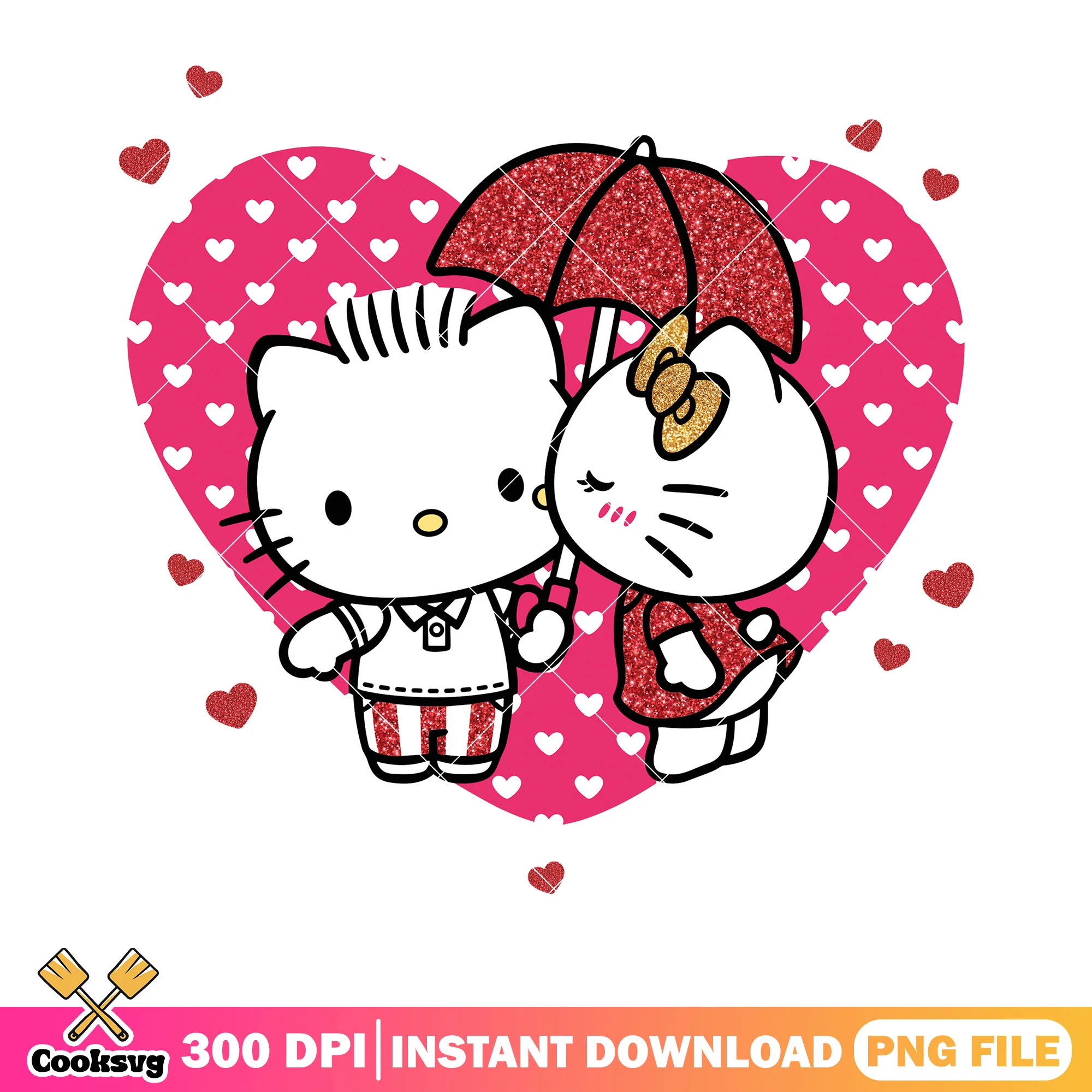 Couple kitty heart valentine png, sanrio png, valentine heart png
