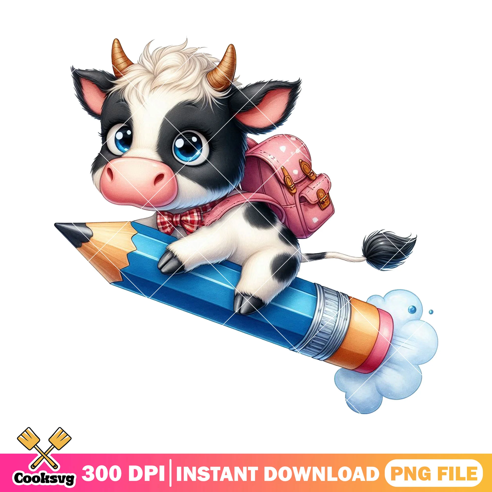 Cow chibi with big pencil png, diary cow png, back to school day png
