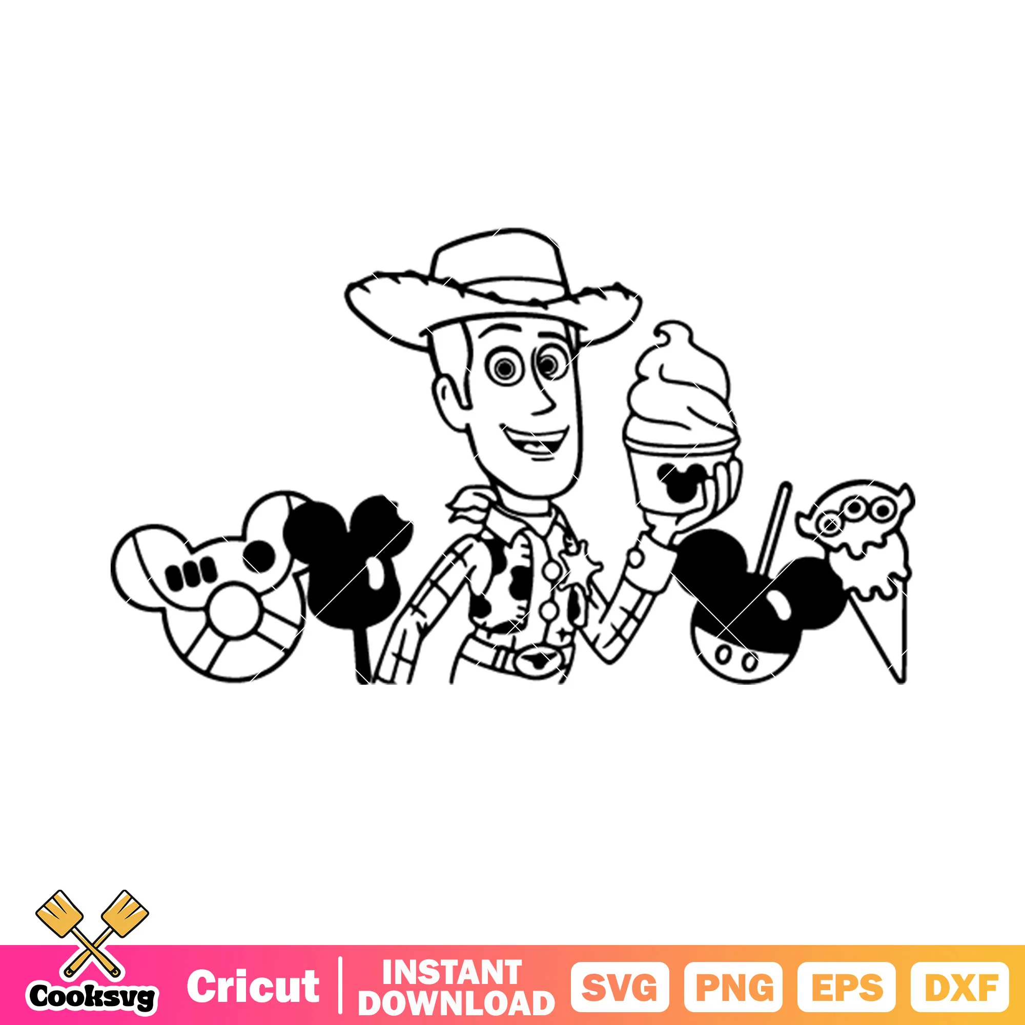 Cowboy woody svg, mickey mouse donuts svg, creepy smile svg