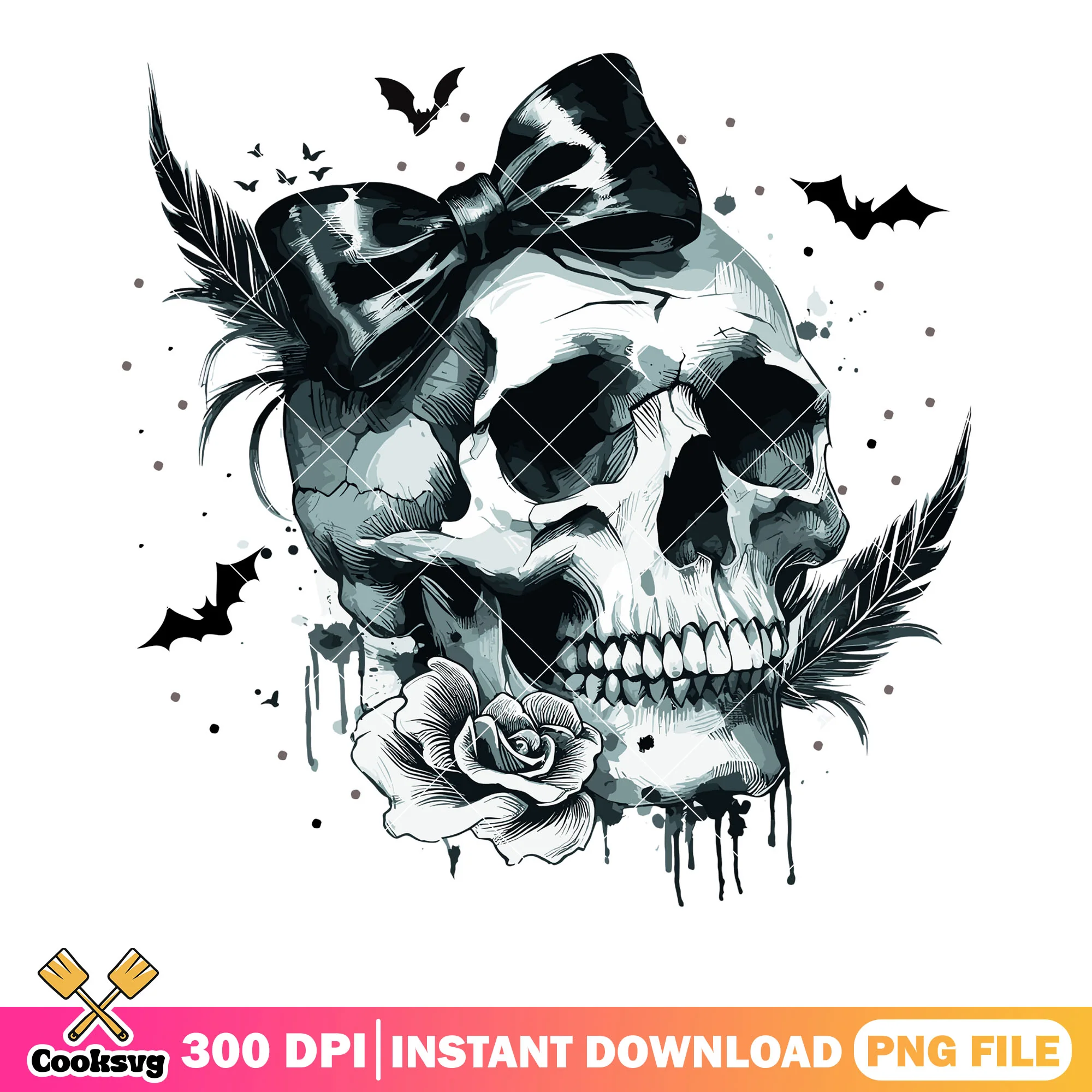 Creepy skull skeleton png, black bow tie png, halloween night png