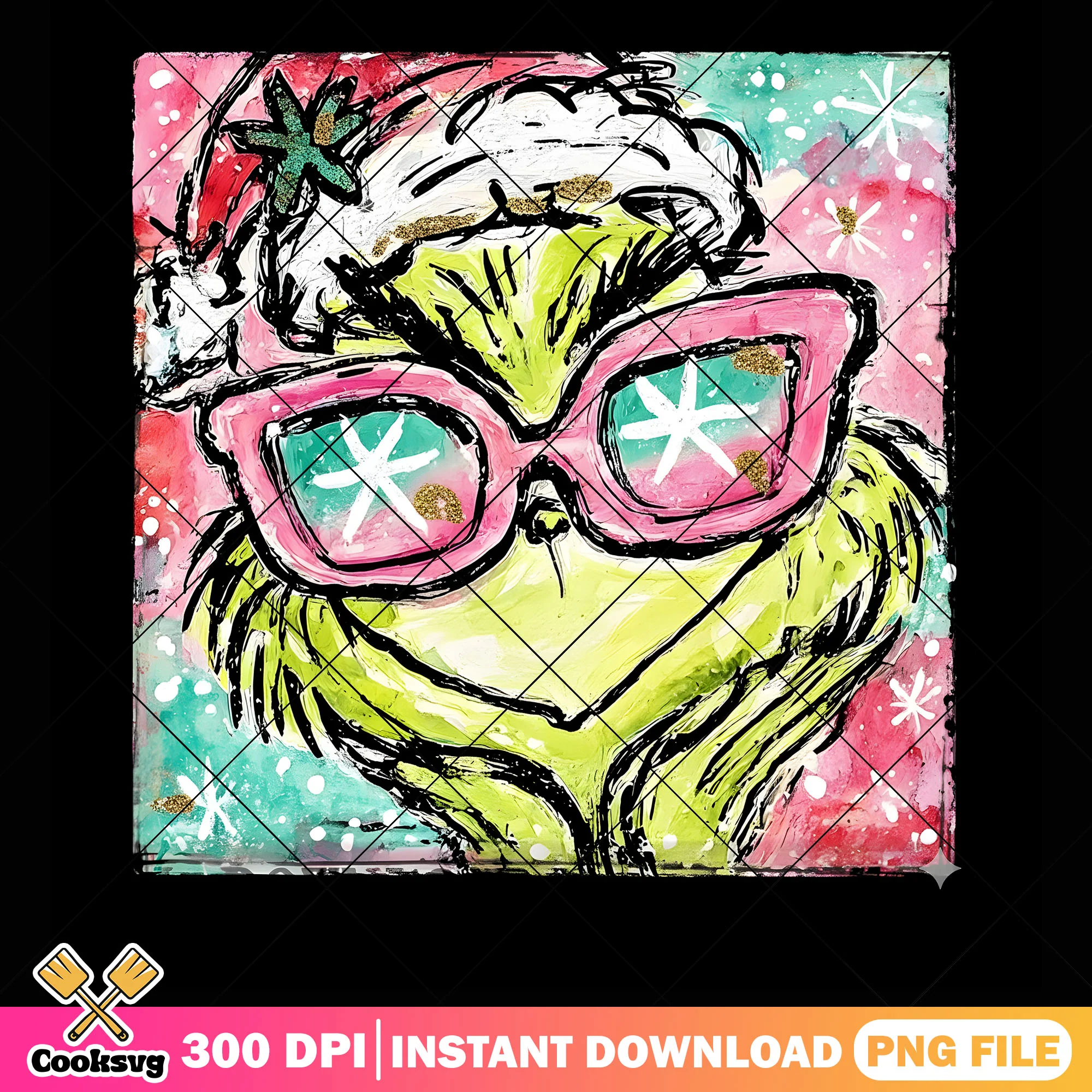 Creepy smile grinch png, snowflake png, santa claus hat png
