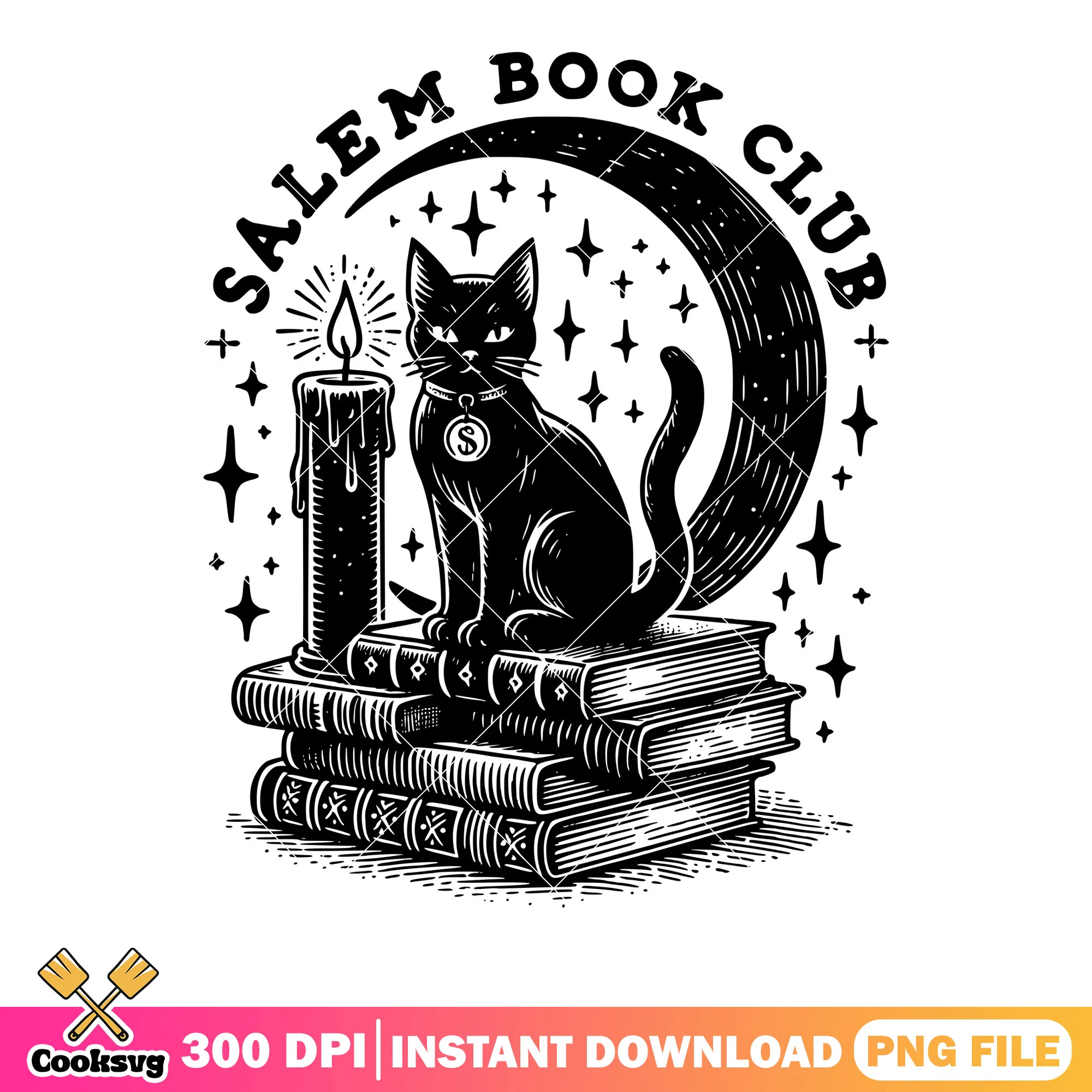Cresent moon Salem book club png, black cat png, halloween png