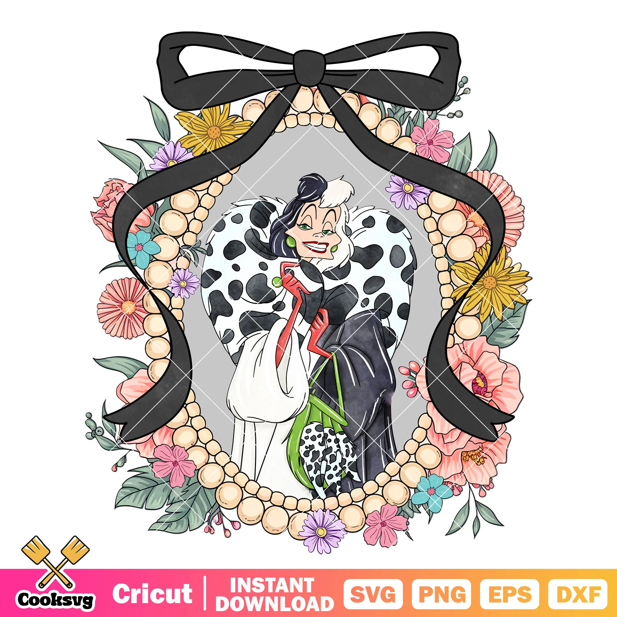 Cruella De Vil in black bow tie mirror png, cruella de vil png