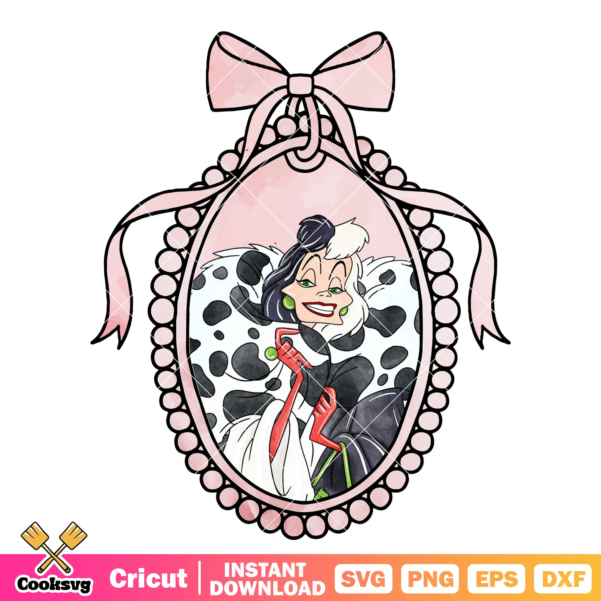 Cruella De Vil in pink bow tie mirror png, cruella de vil png