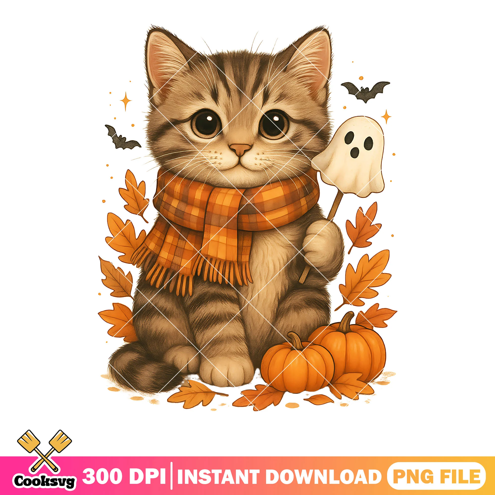 Cute baby cat with baby ghost png, orange scraf png, scary halloween night png