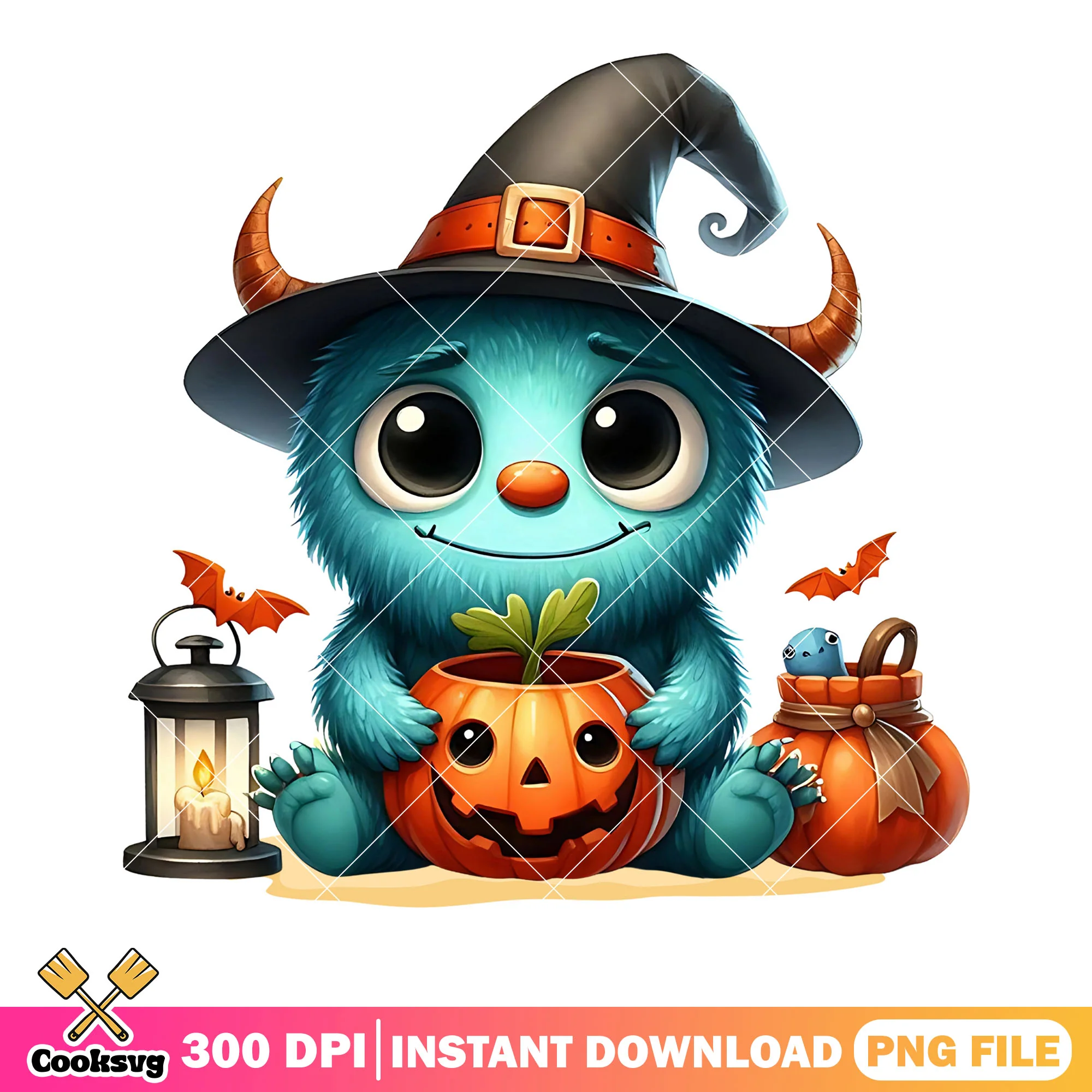 Cute blue monster png, wicker pumpkin png, nintendo halloween png