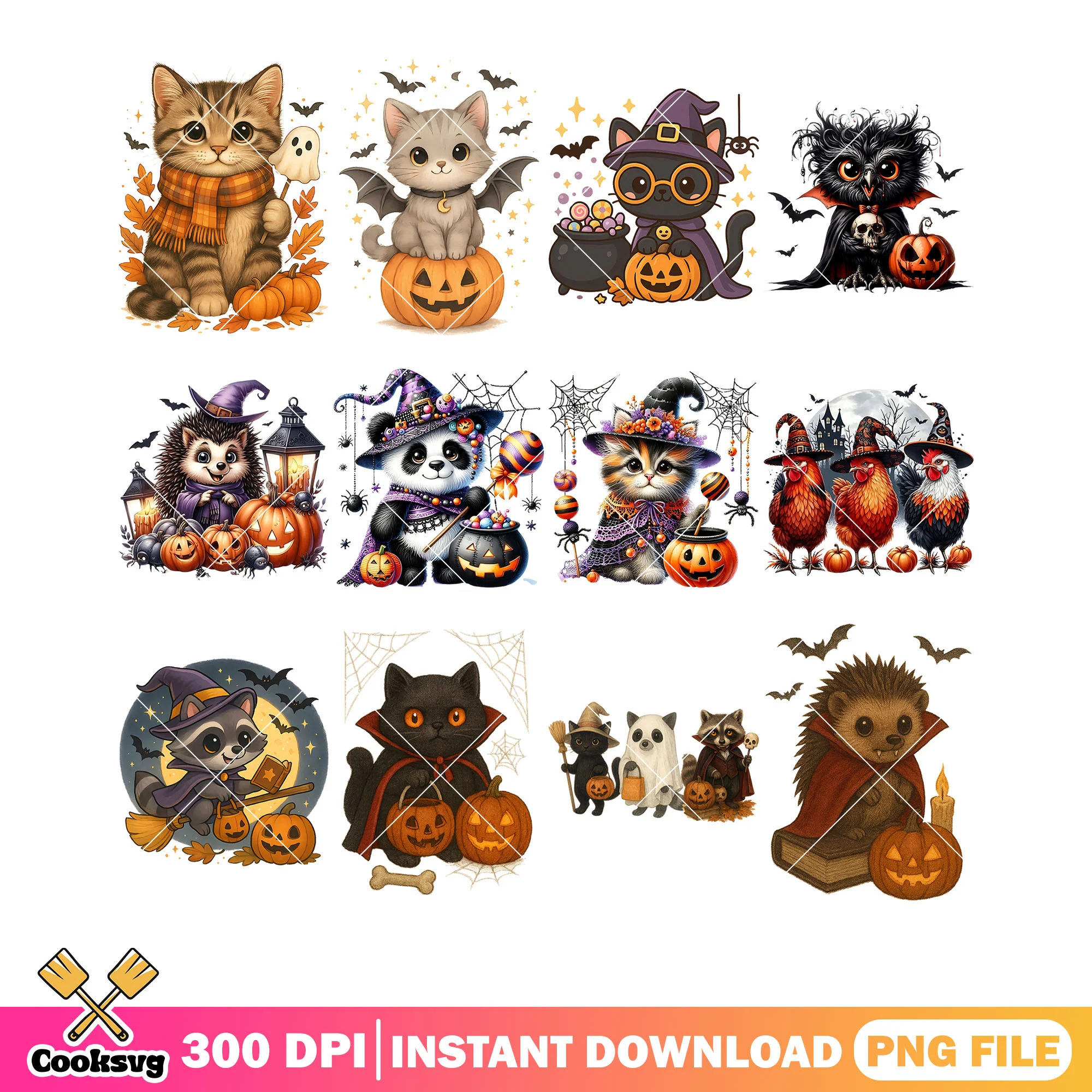 Cute cat  chicken panda png bundle, jack o lantern png, vampire costume png