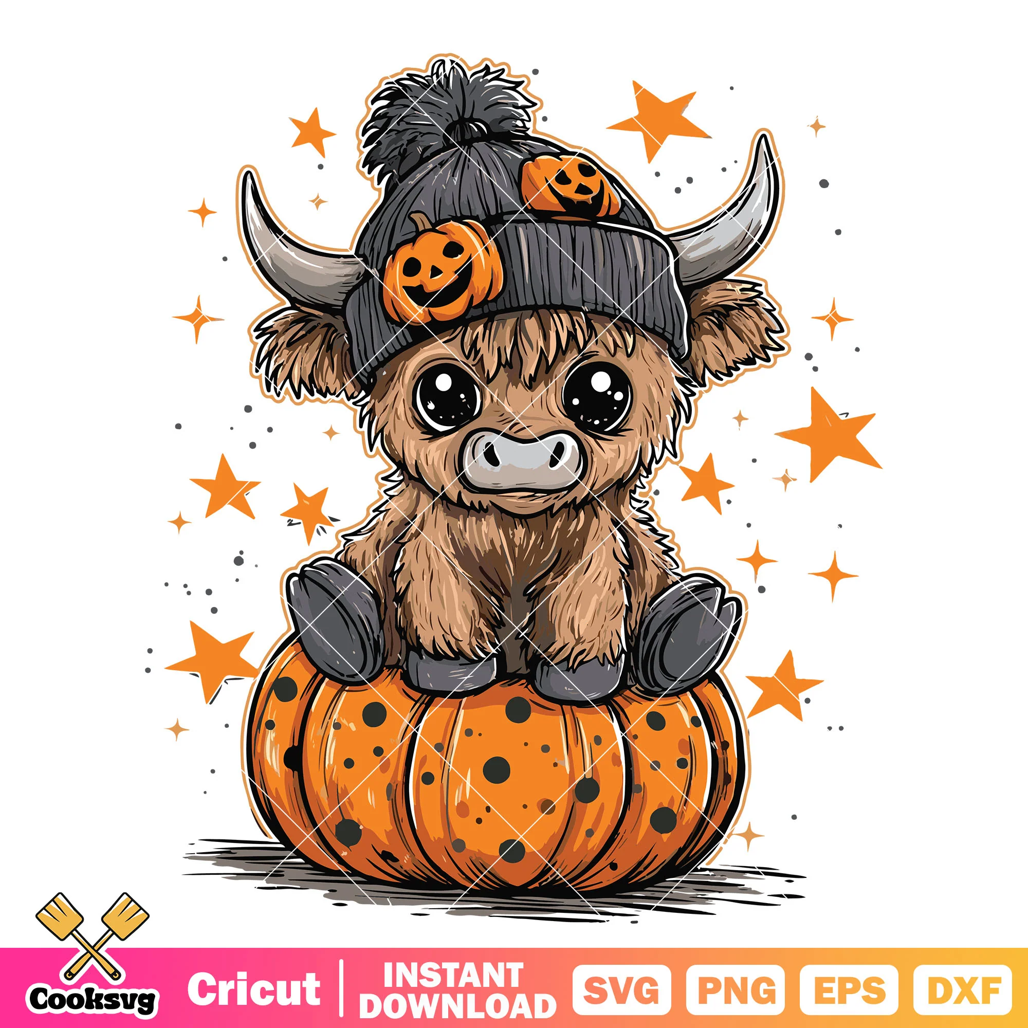 Cute cow with pumpkin svg, highland cow svg, cow halloween svg