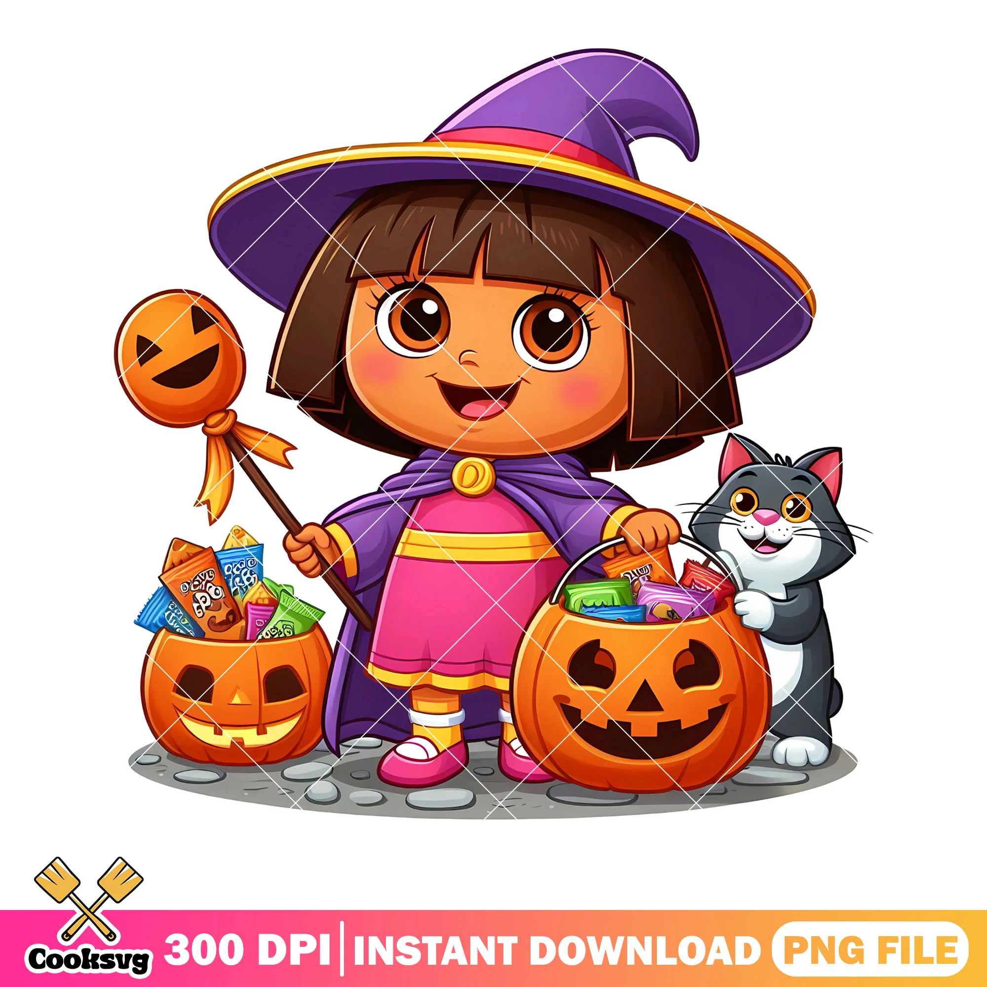 Cute dora scary pumpkin png, witch costume png, scary halloween png