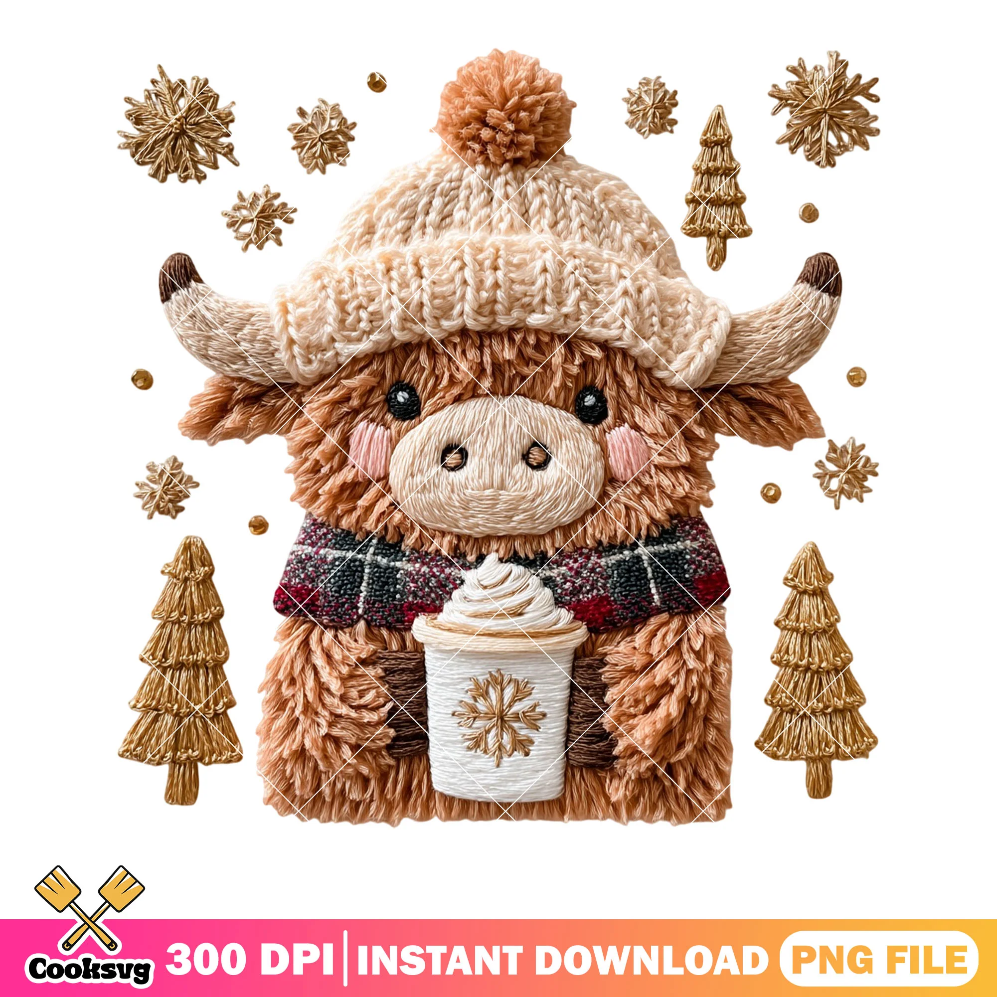 Cute fluffy buffalo png, christmas gifts png, hot chocolate png