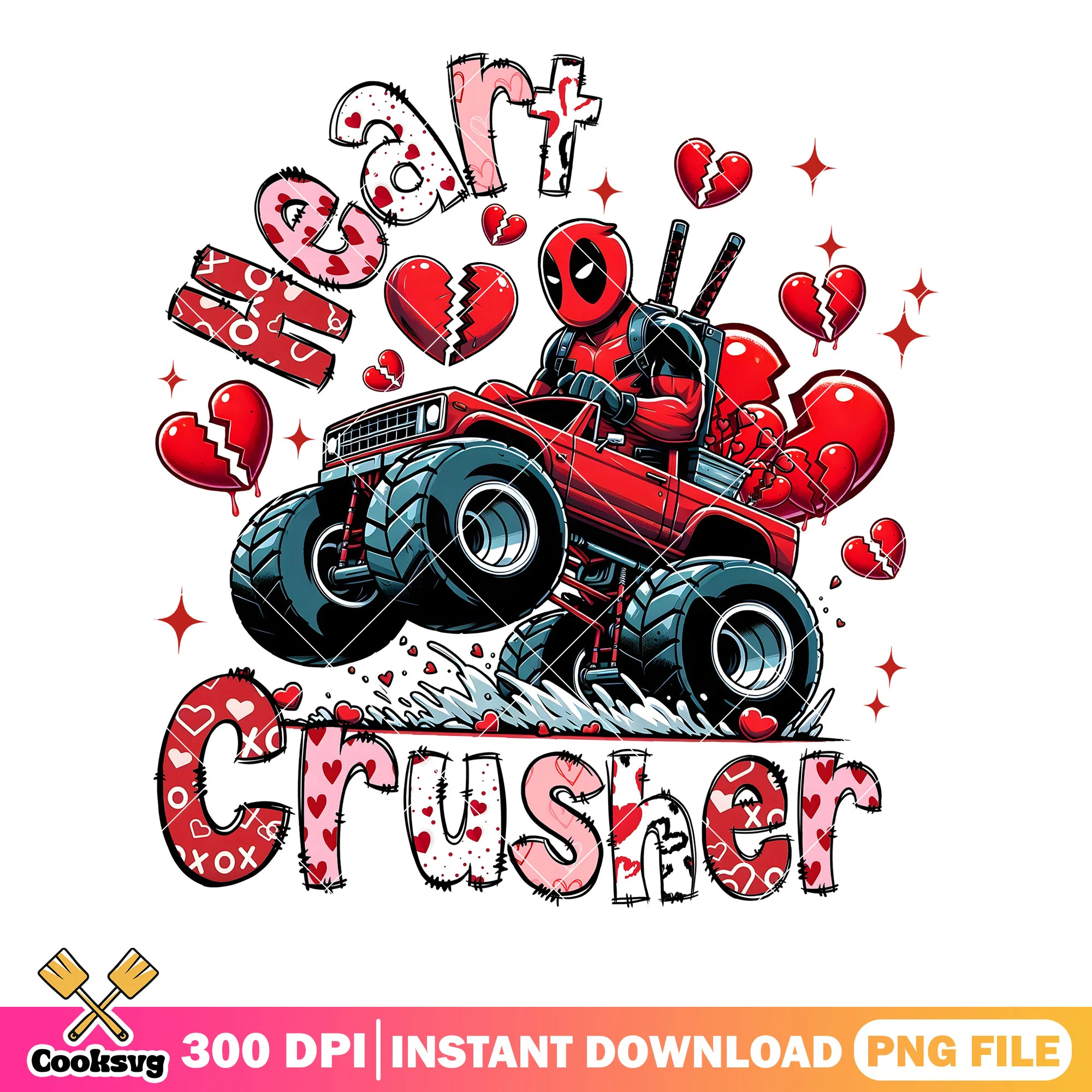 Deadpool monster truck valentine png, marvel valentine png, valentine png