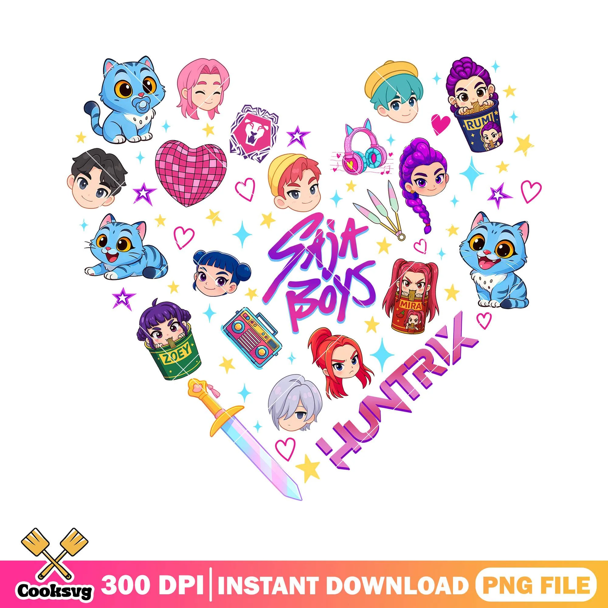Demon hunters cute stuff png, huntrix girl png, saja boys band png