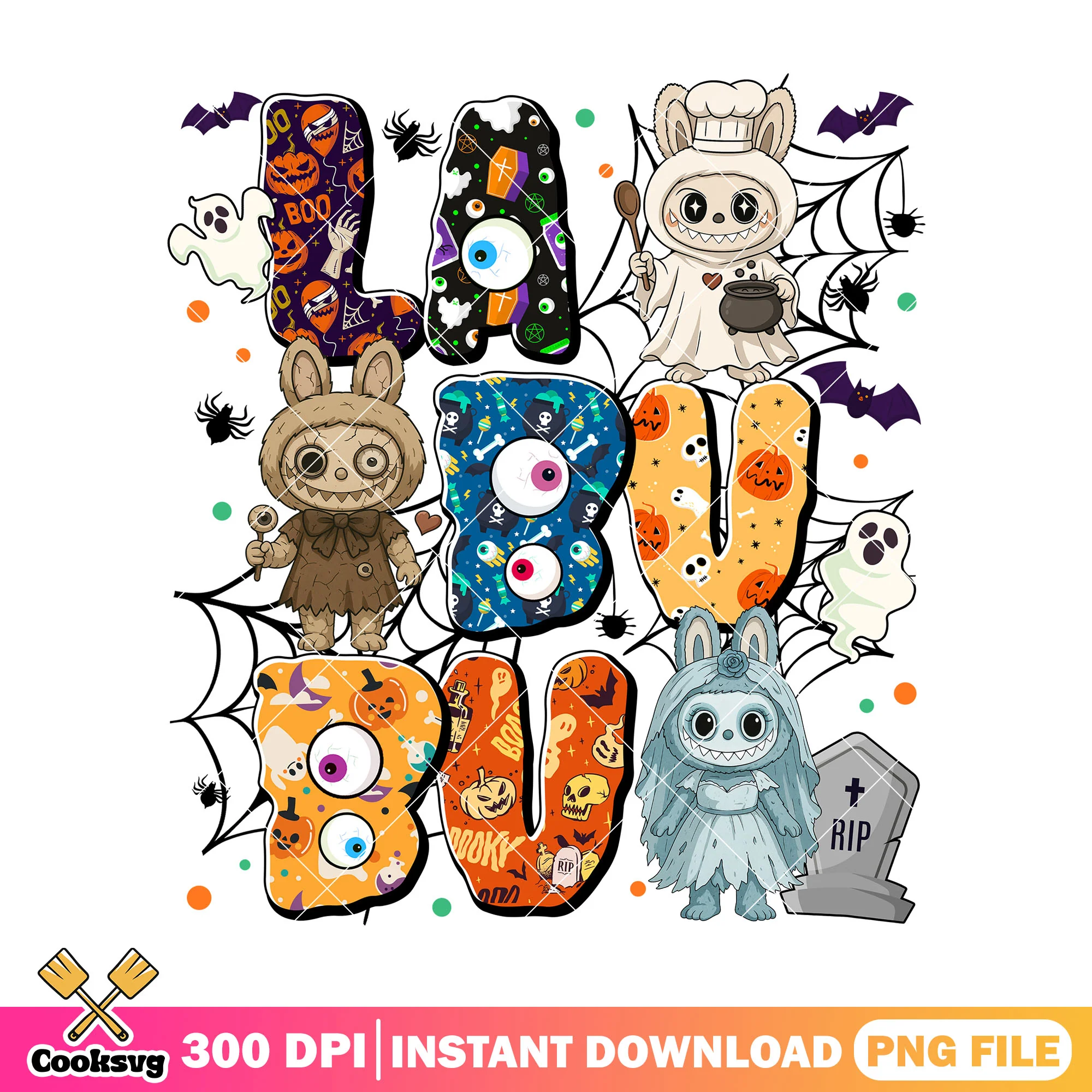 Design halloween labubu friends png, cute dolls png, horror dolls png