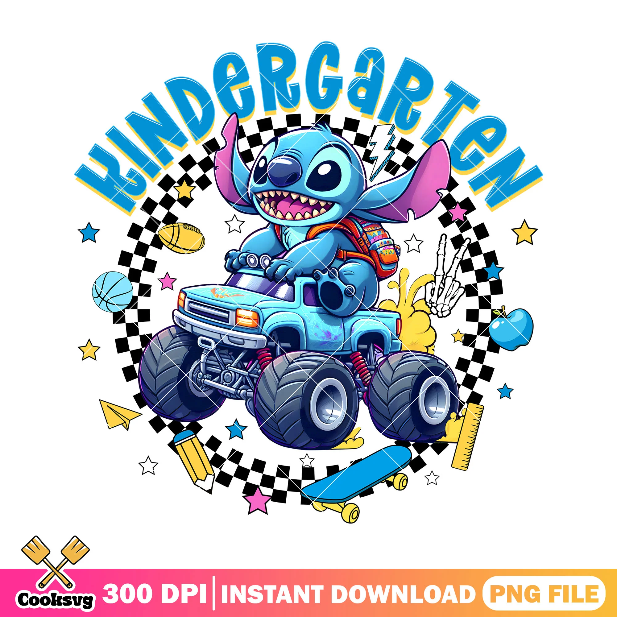 Design kindergarten file png, stitch blue png, happy back to school png