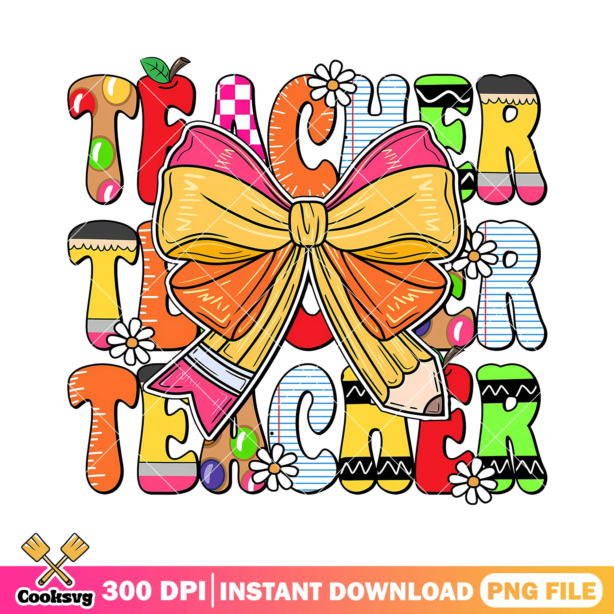 Design teacher and bow png, back to school png, colors font png
