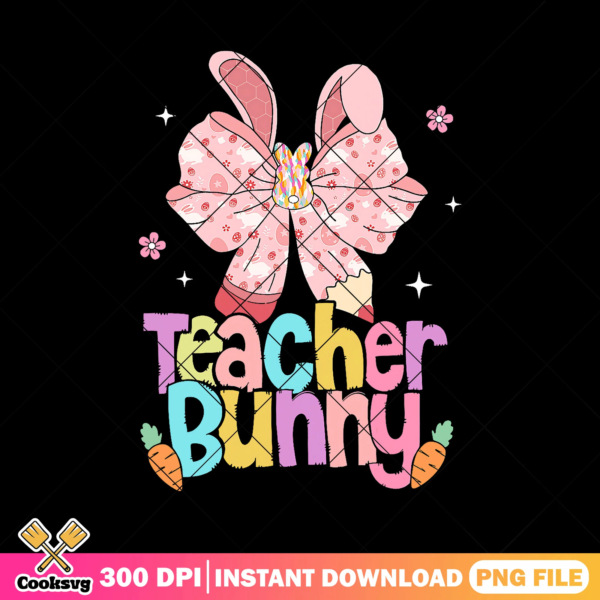 Design teacher bunny png, bow pink png, back to school font png