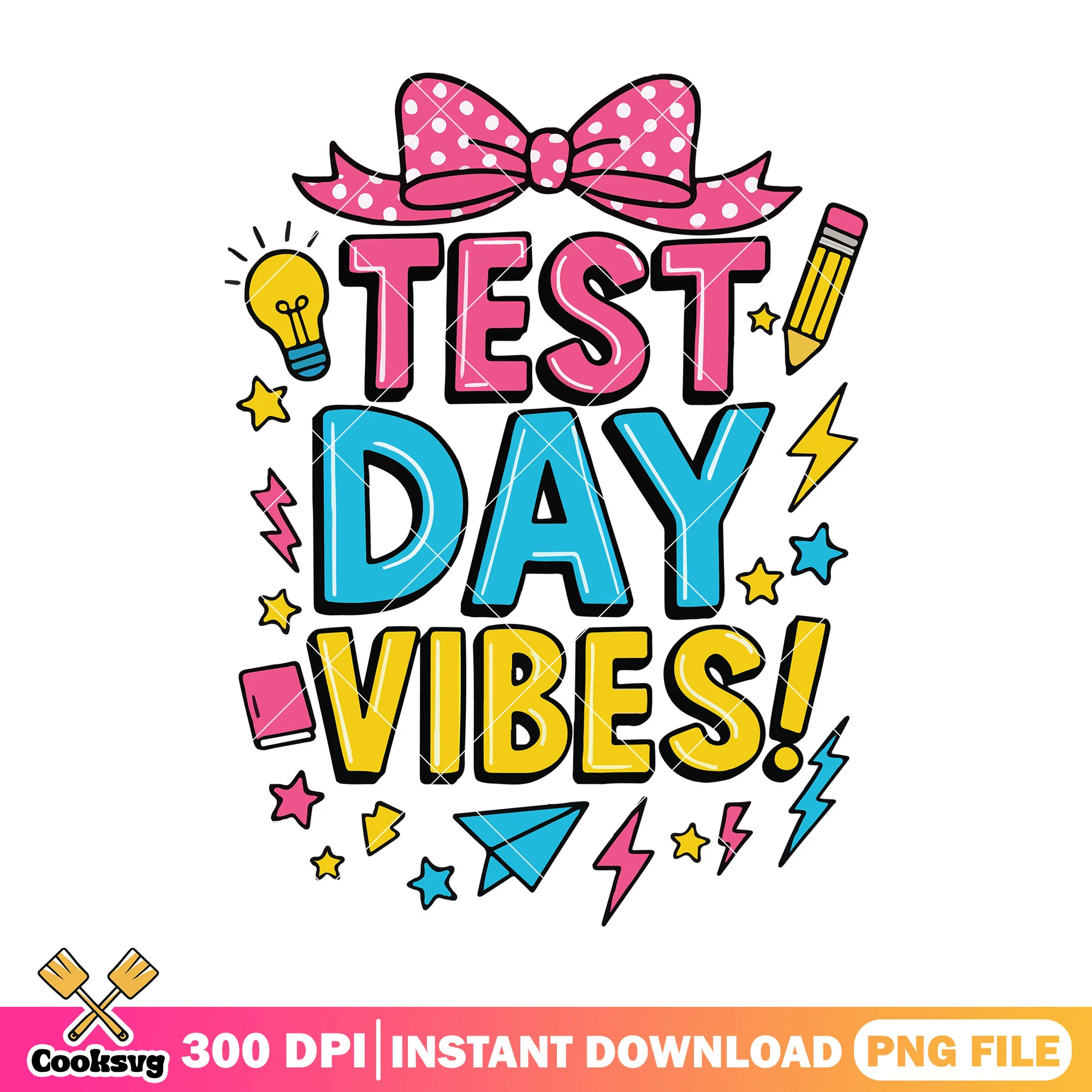 Design test day vibes png, pink bow png, back to school image png