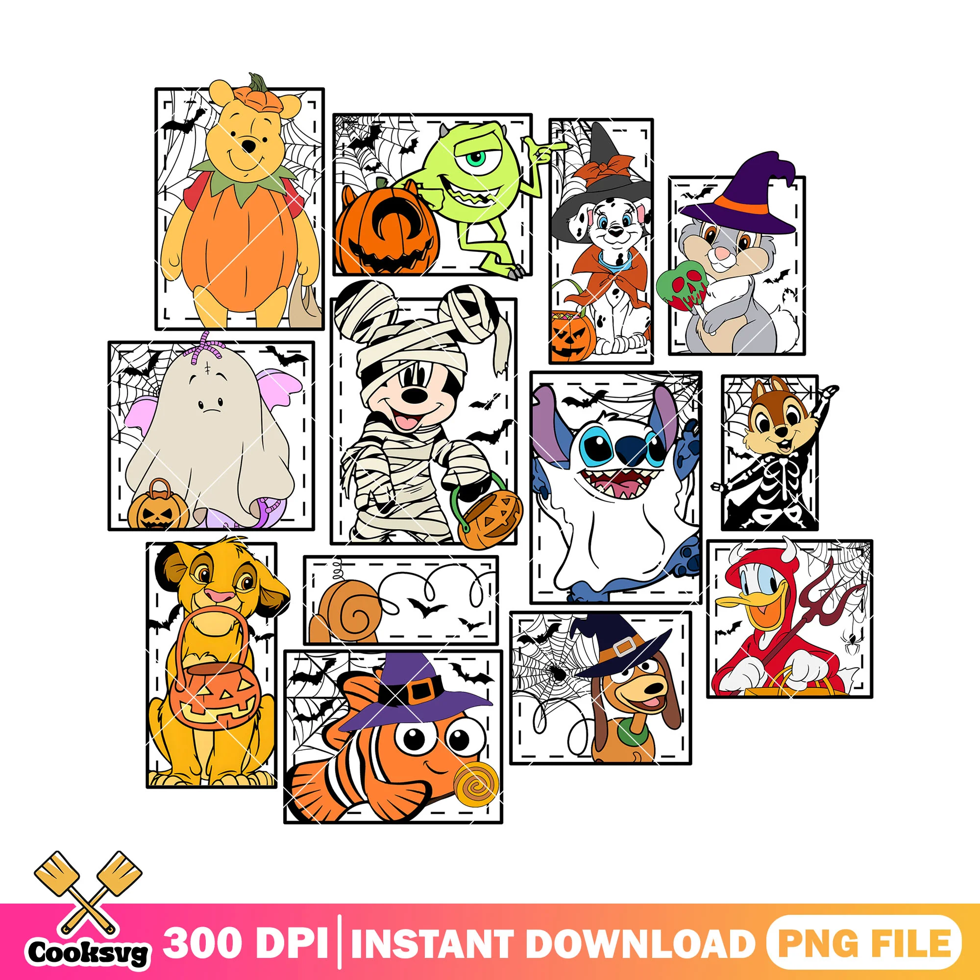 Disney characters halloween png, disney world png, halloween day png