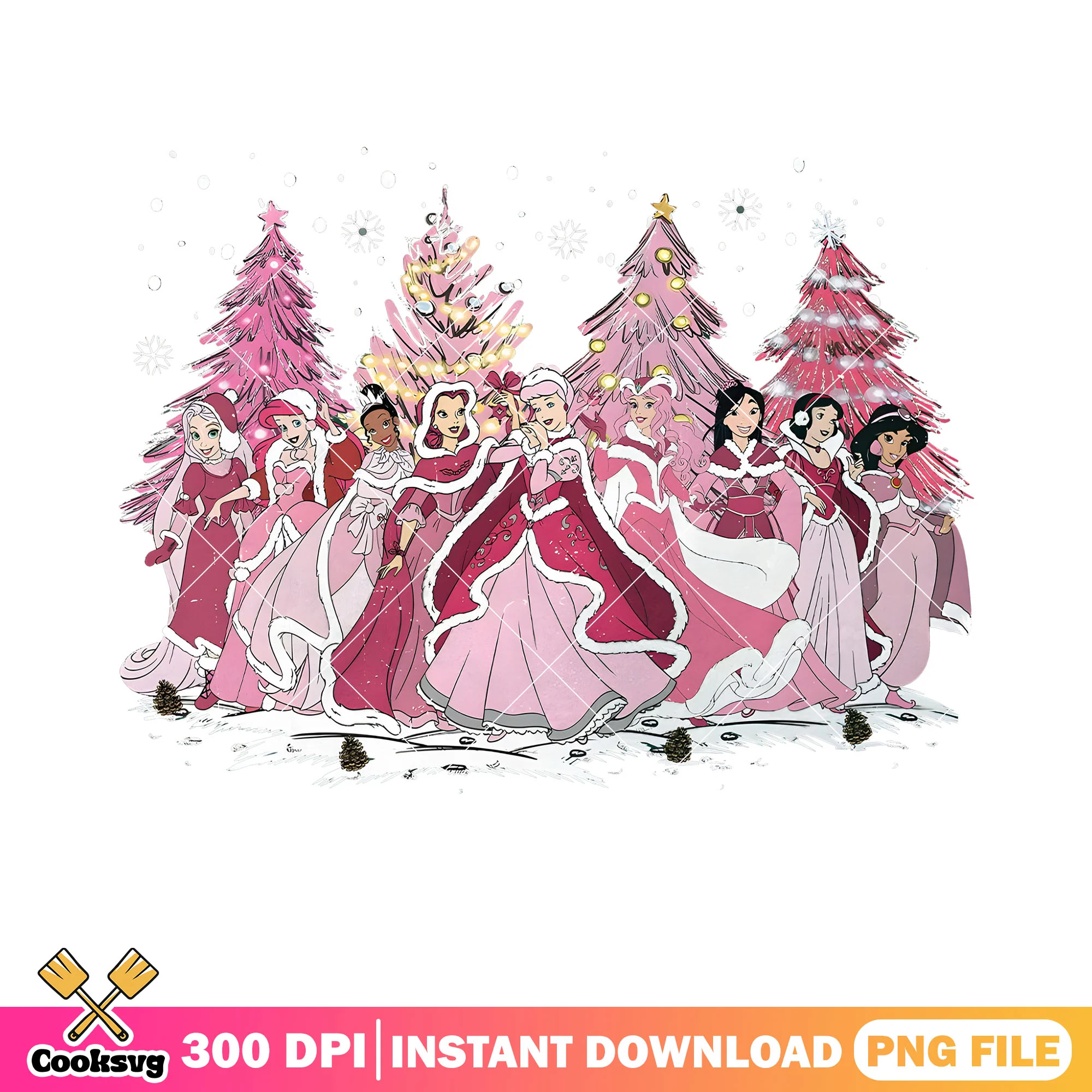 Disney princess pink winter png, christmas trees png, ornament png