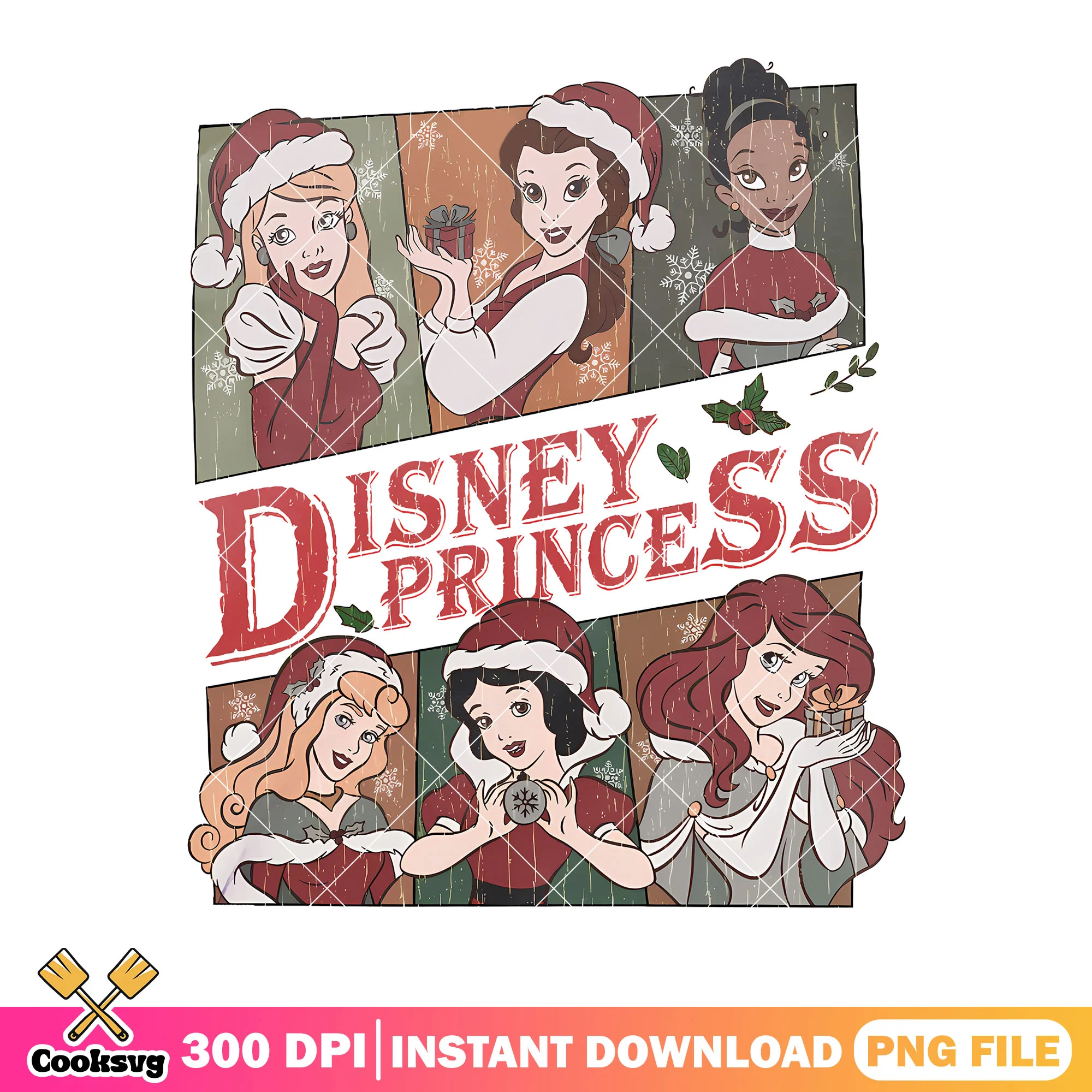 Disney princess vintage png, poster retro png, santa hat belle png