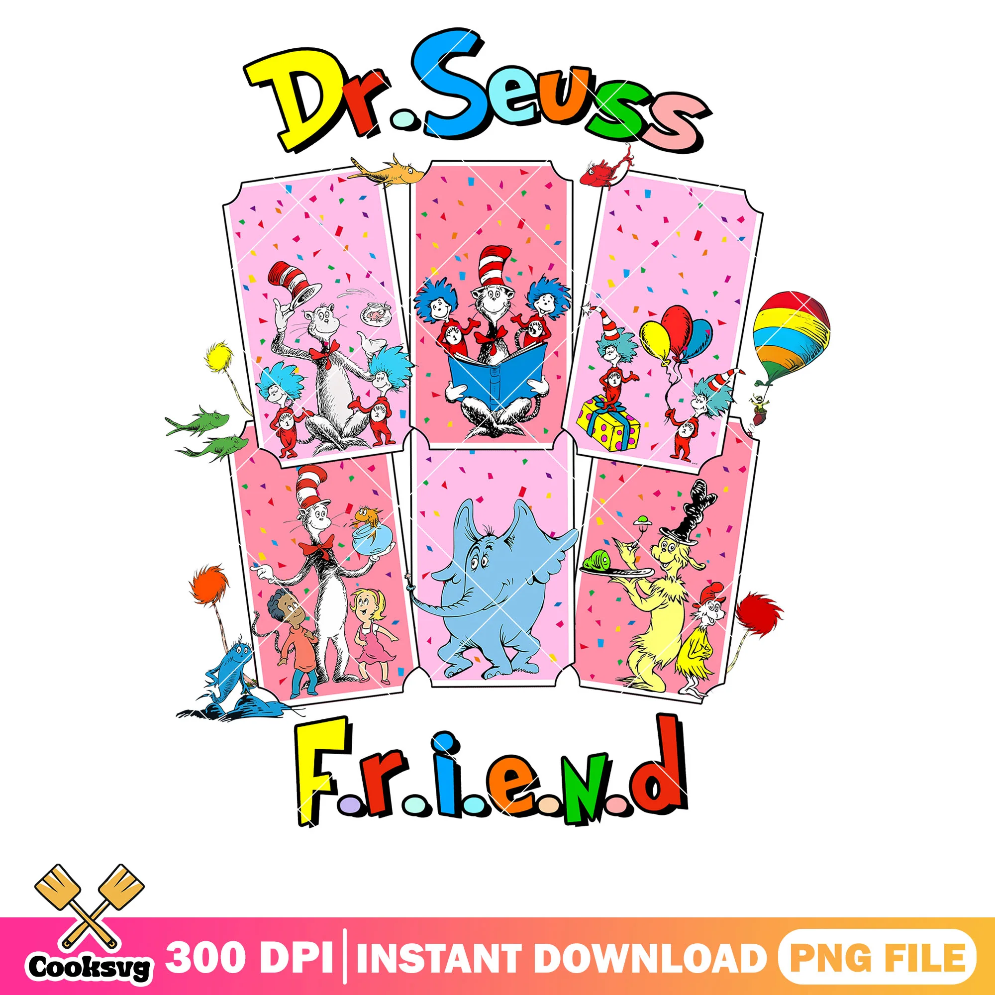 Dr seuss and friends pink vibes png file, dr seuss friends png