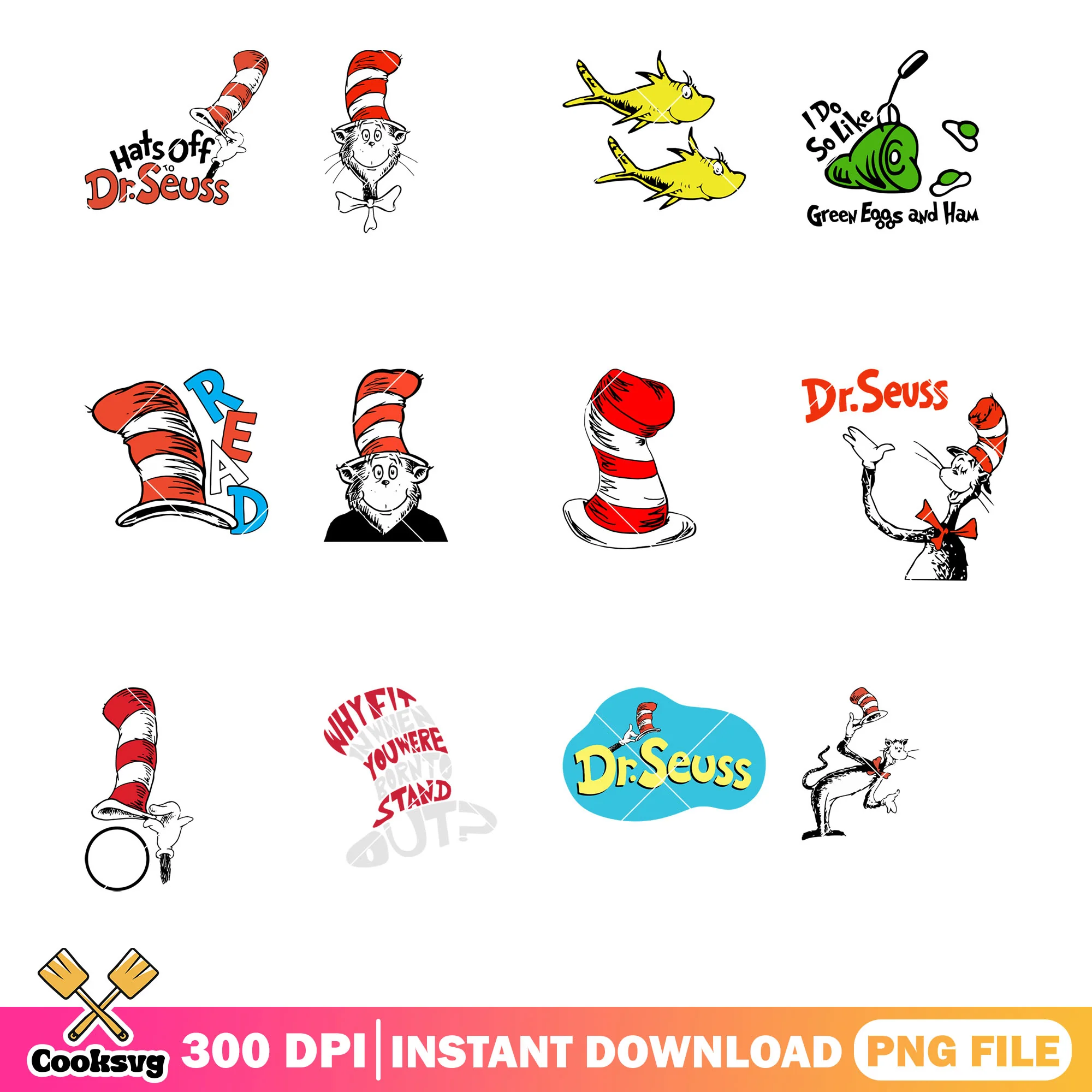 Dr seuss and his hat png bundle, dr seuss hat png, dr seuss cat png