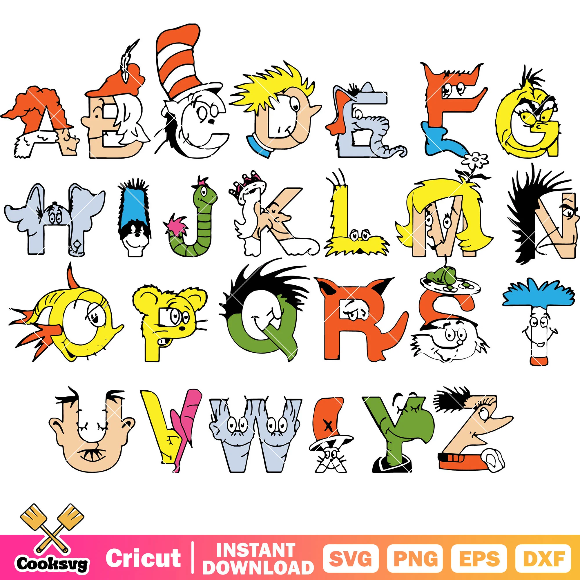 Dr seuss characters alphabet svg bundle, dr seuss font svg, dr seuss svg