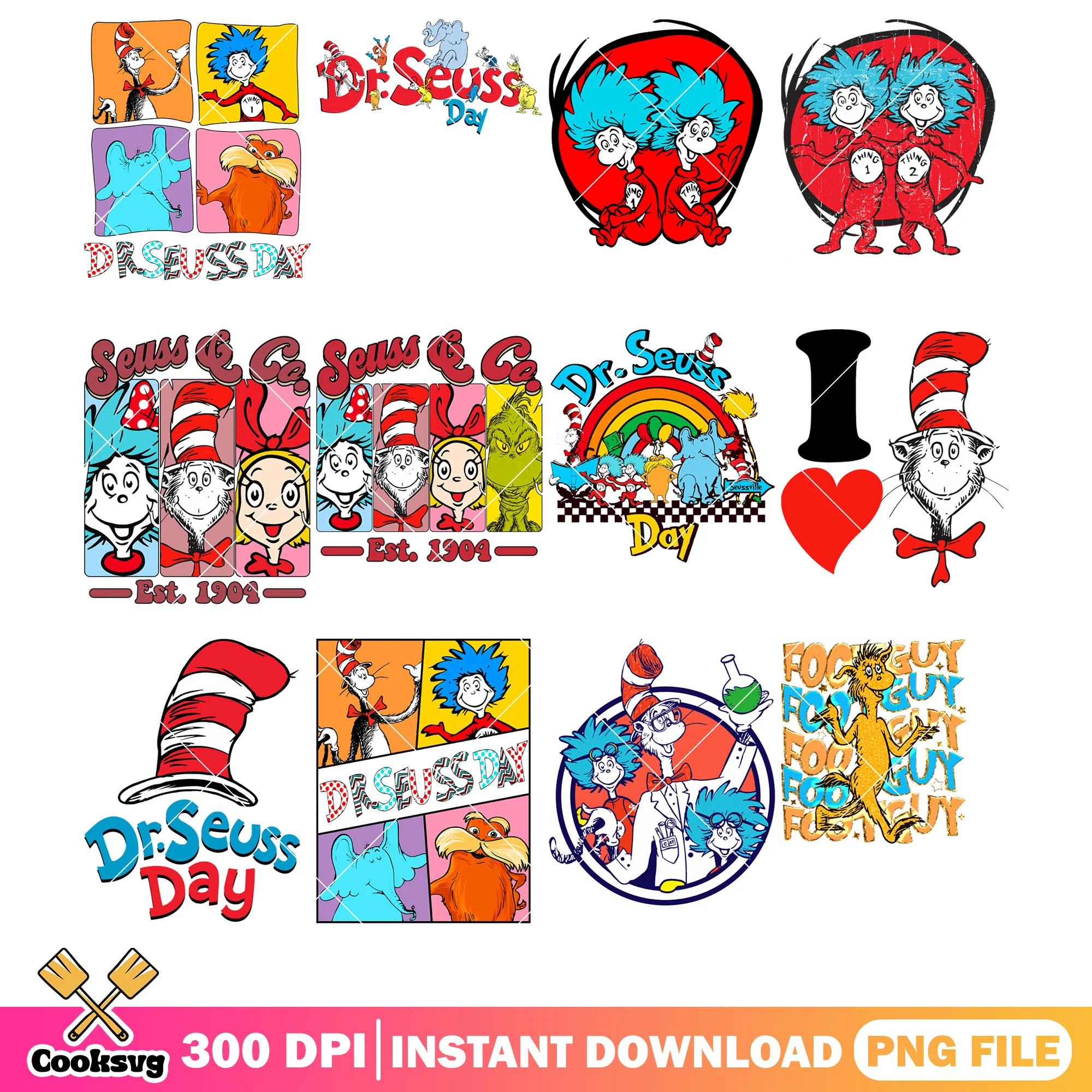 Dr seuss day and friends png bundle, dr seuss day png, dr seuss friends png