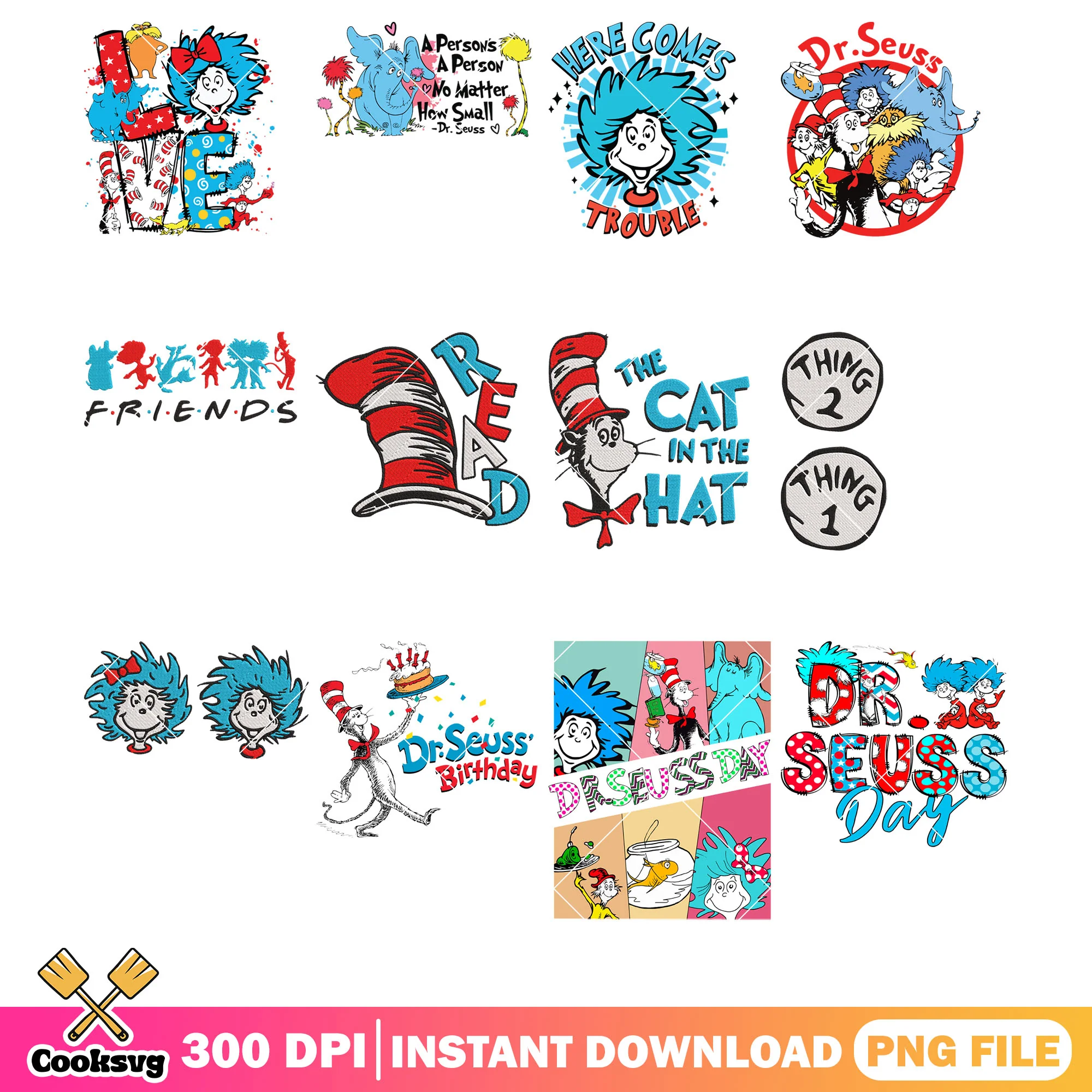 Dr seuss day with friends png bundle, dr seuss day png, dr seuss png