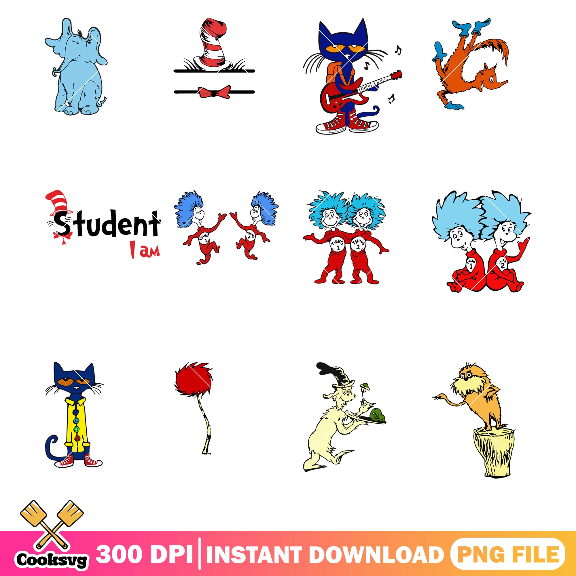 Dr seuss friends cartoon png bundle, dr seuss friends png